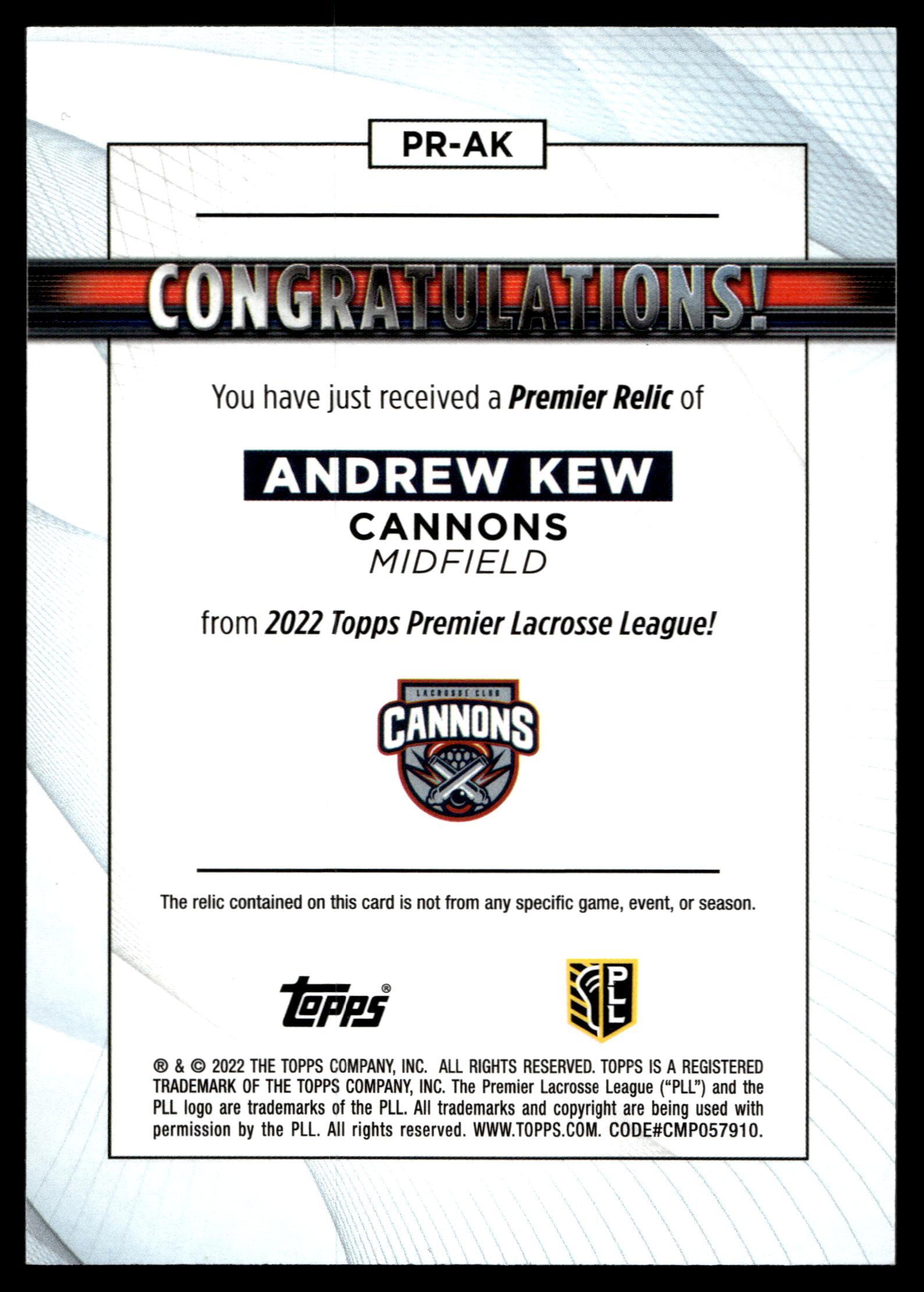 Andrew Kew 2022 Topps PLL Cannons Premier Relics #PR-AK