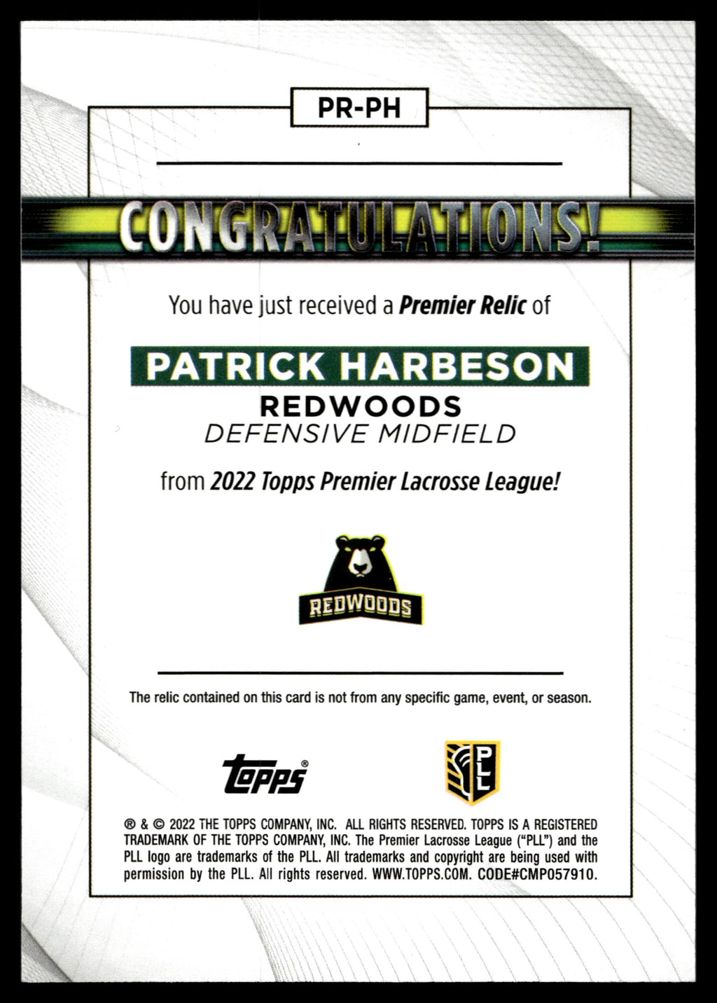 Patrick Harbeson 2022 Topps PLL Redwoods Premier Relics #PR-PH