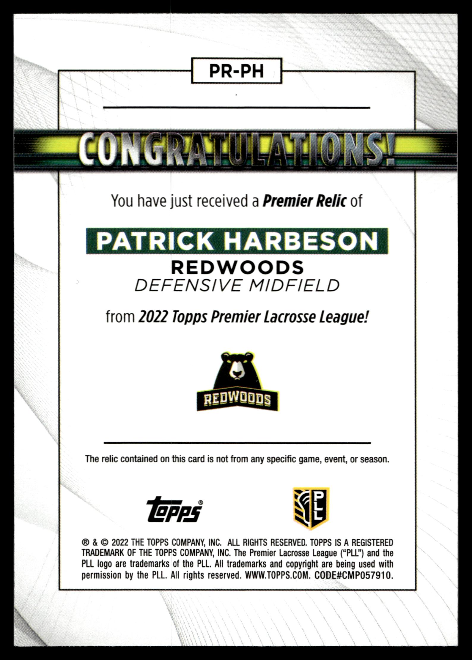 Patrick Harbeson 2022 Topps PLL Redwoods Premier Relics #PR-PH