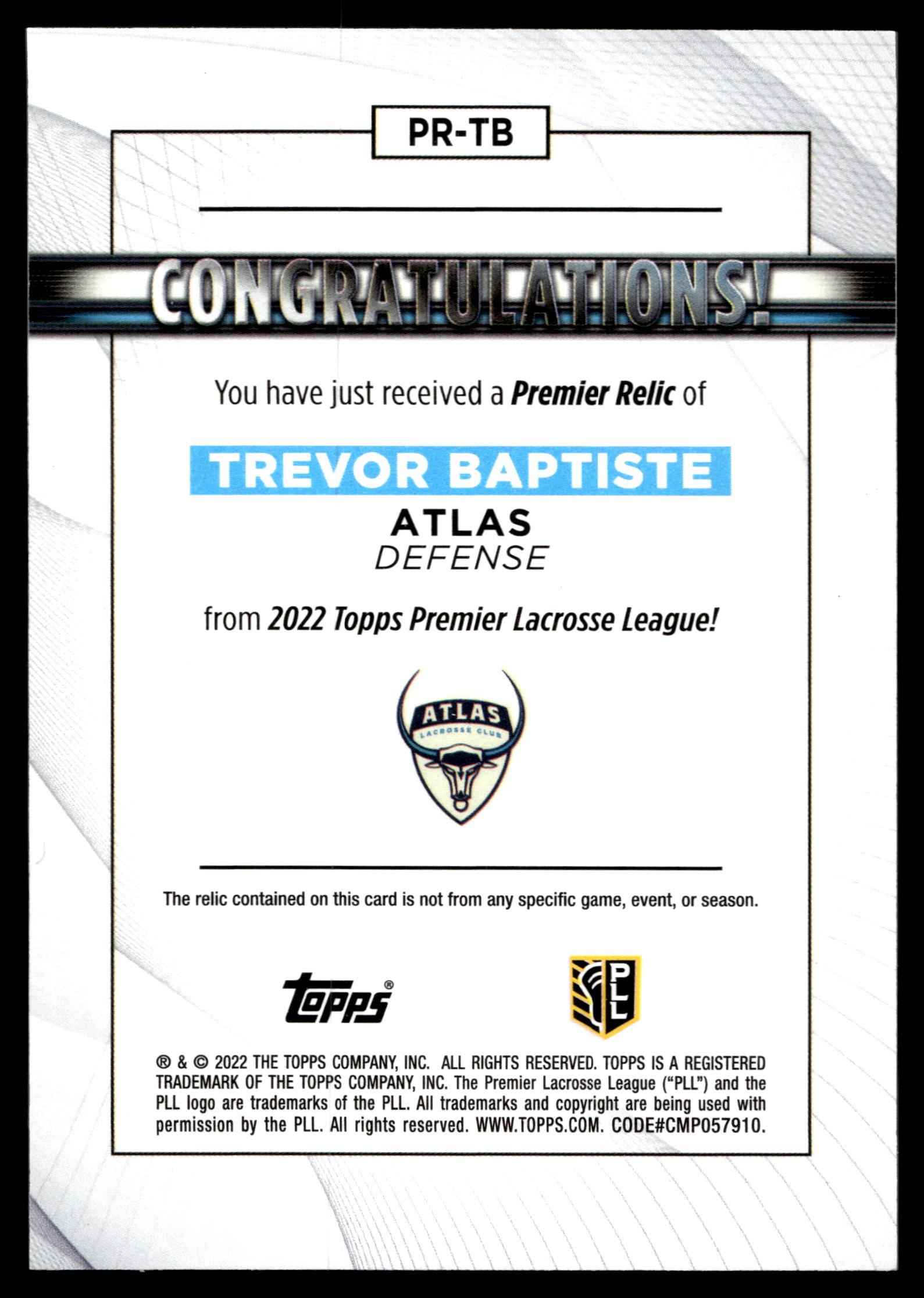 Trevor Baptiste 2022 Topps PLL Atlas Premier Relics #PR=TB