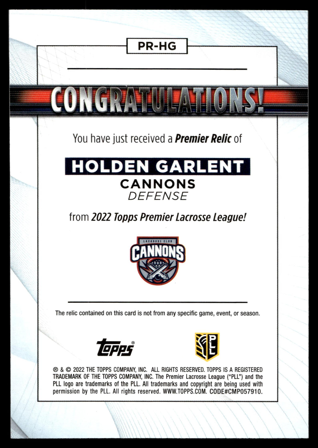 Holden Garlent 2022 Topps PLL Cannons Premier Relics #PR-HG