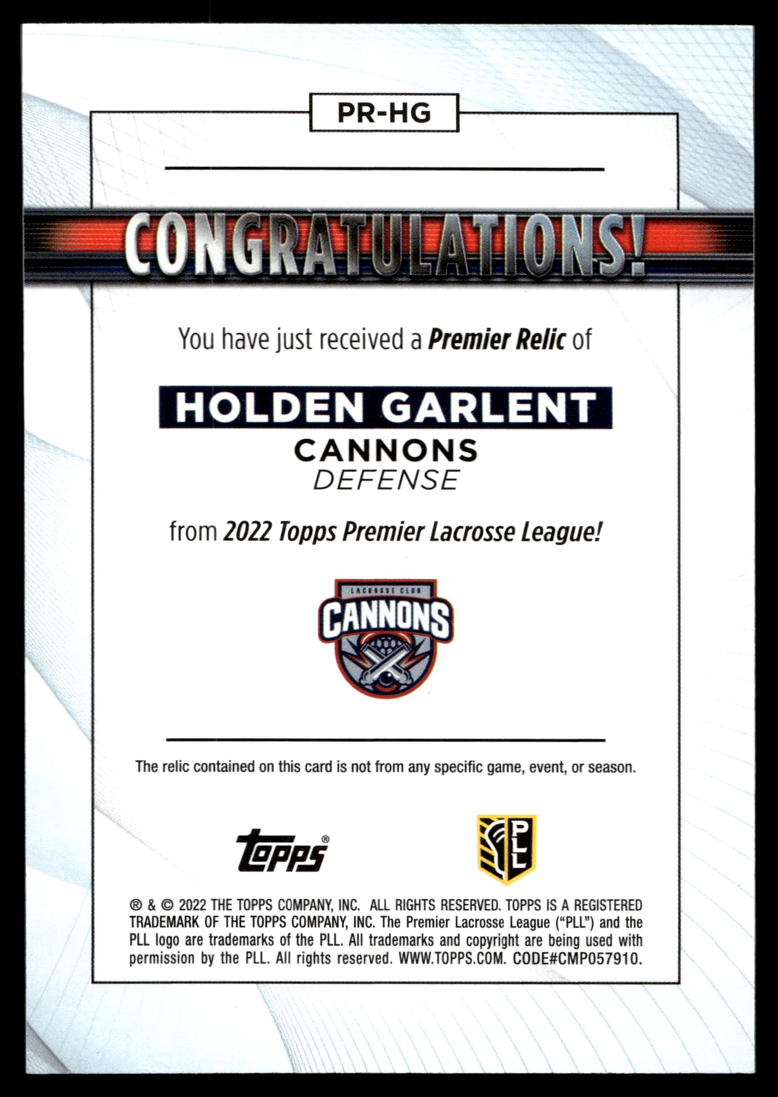 Holden Garlent 2022 Topps PLL Cannons Premier Relics #PR-HG