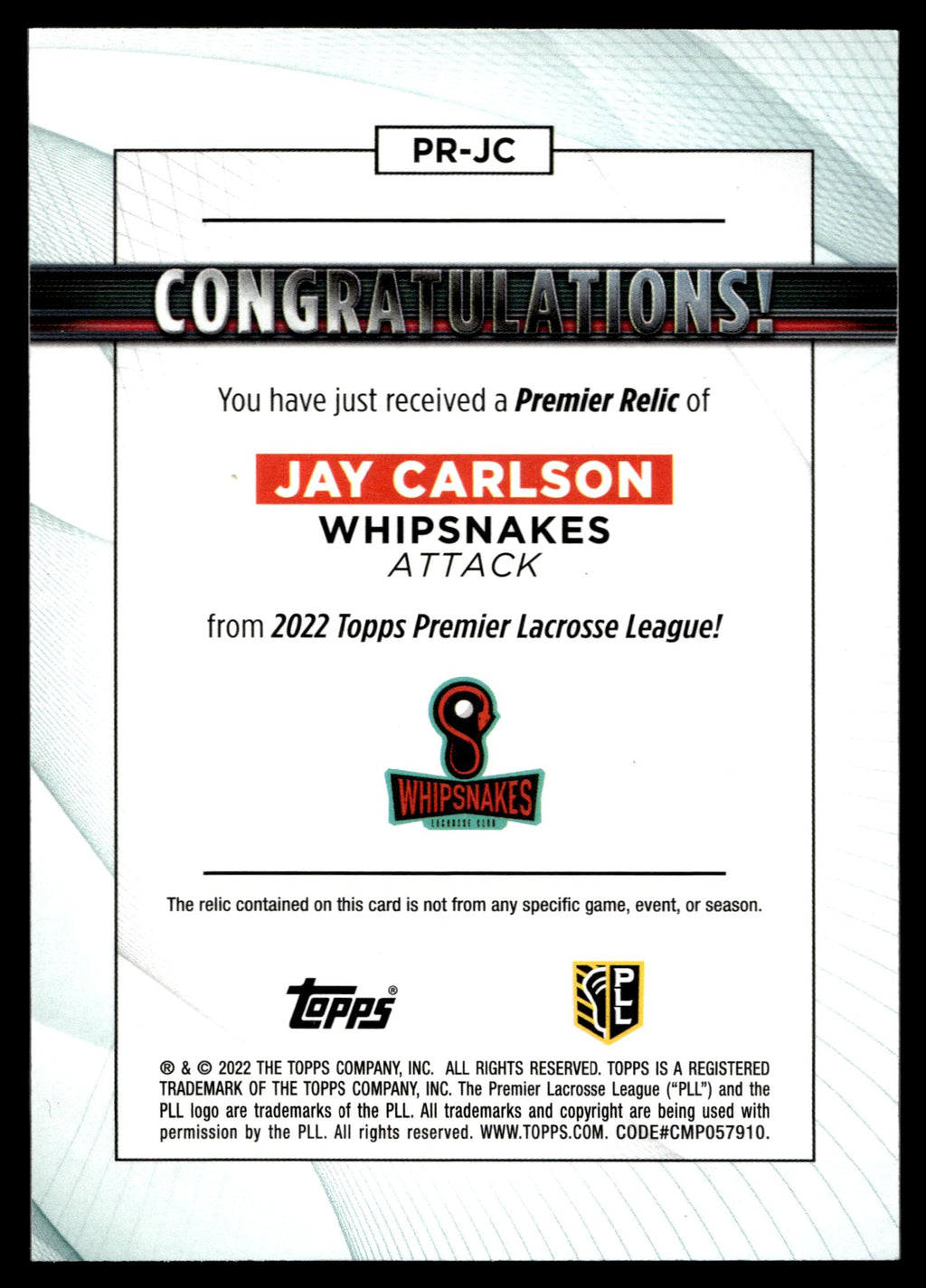 Jay Carlson 2022 Topps PLL Whipsnakes Premier Relics #PR-JC