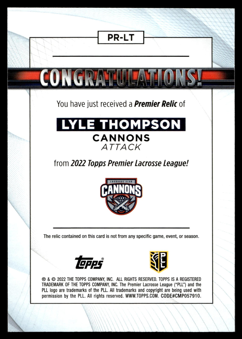 Lyle Thompson 2022 Topps PLL Cannons Premier Relics #PR-LT