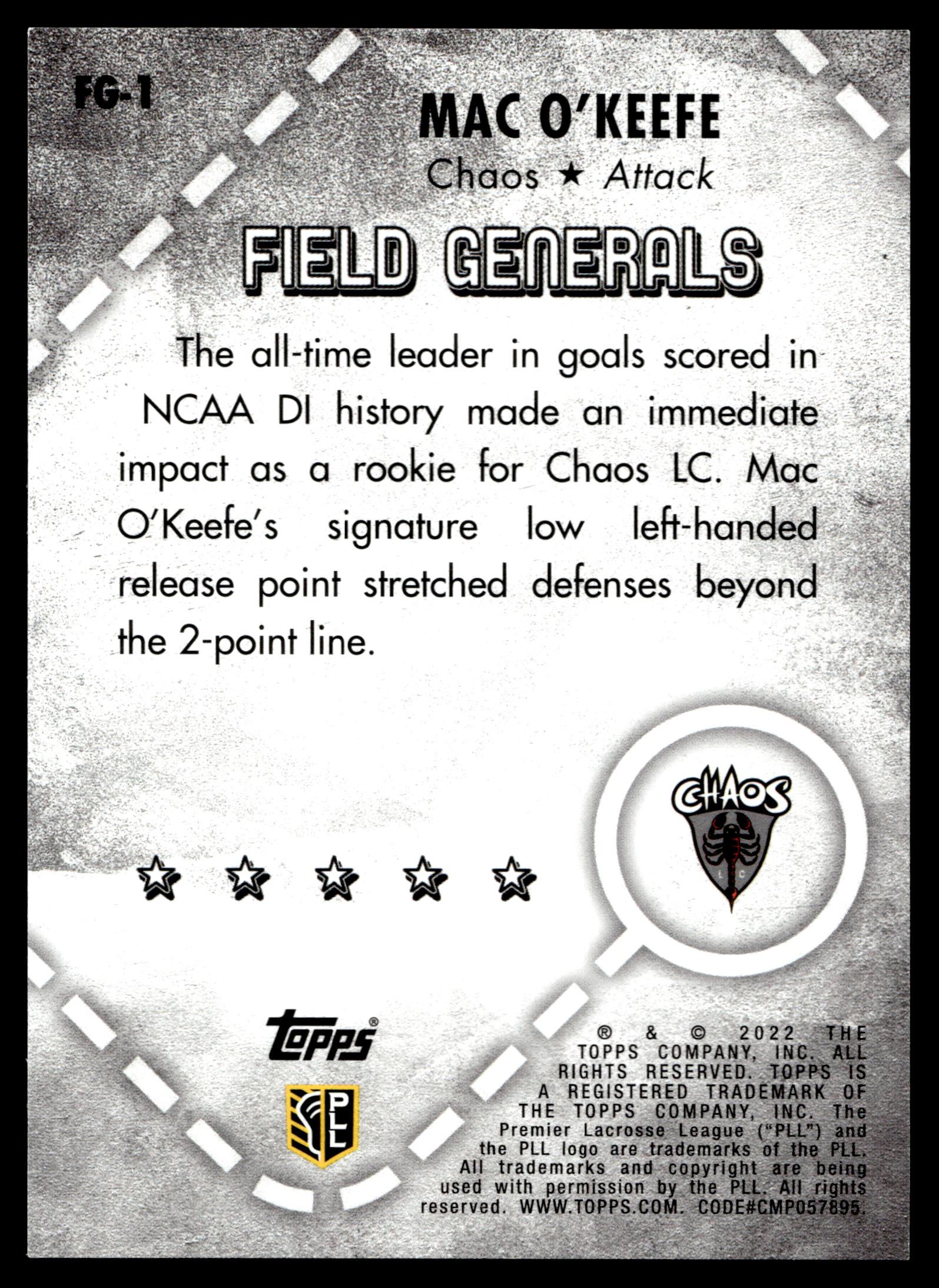 Mac O'Keefe 2022 Topps PLL Chaos Field Generals #FG-1