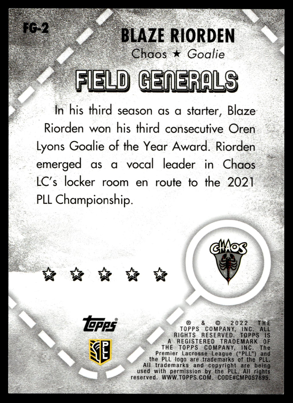 Blaze Riorden 2022 Topps PLL Chaos Field Generals #FG-2