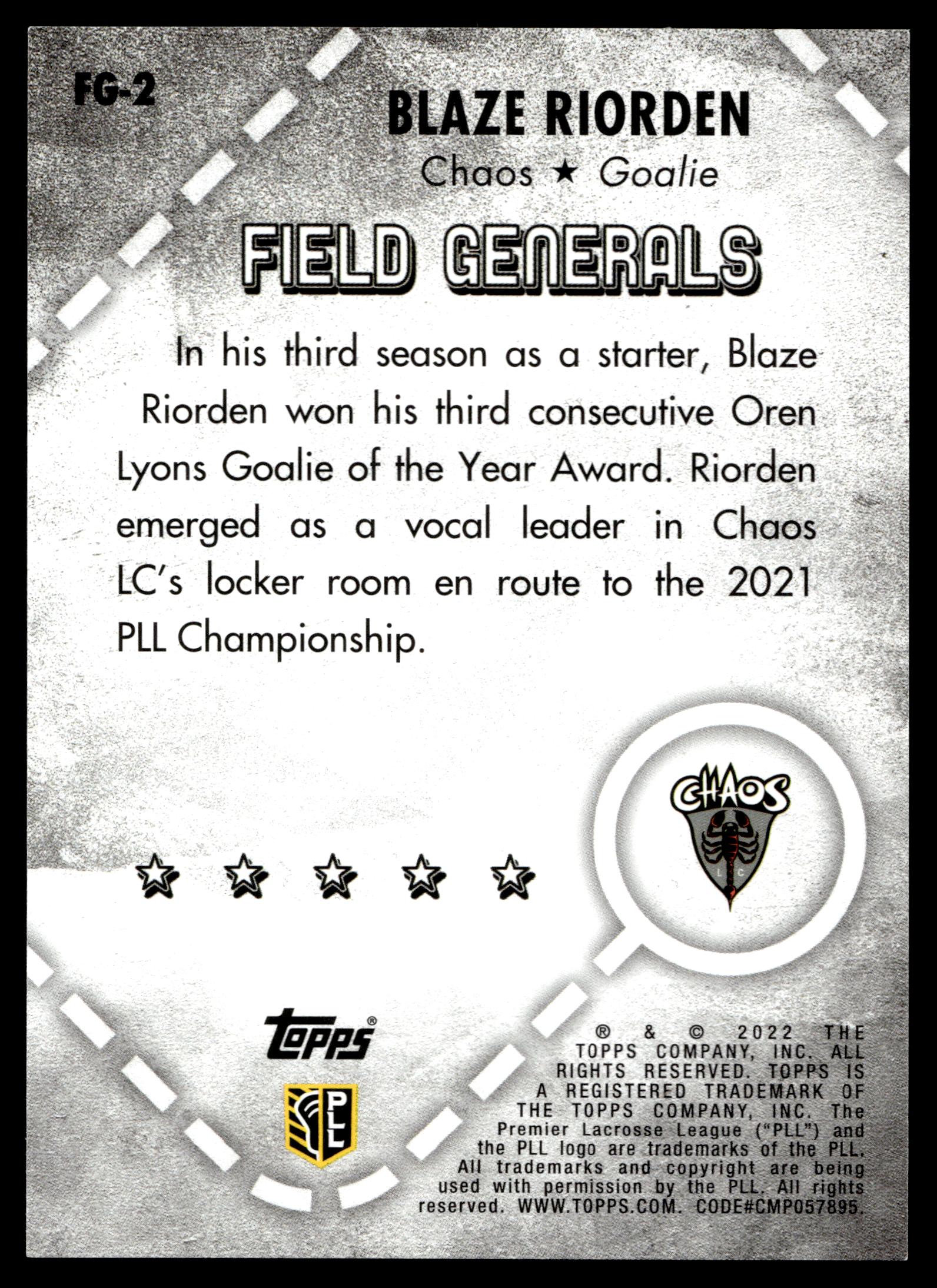 Blaze Riorden 2022 Topps PLL Chaos Field Generals #FG-2