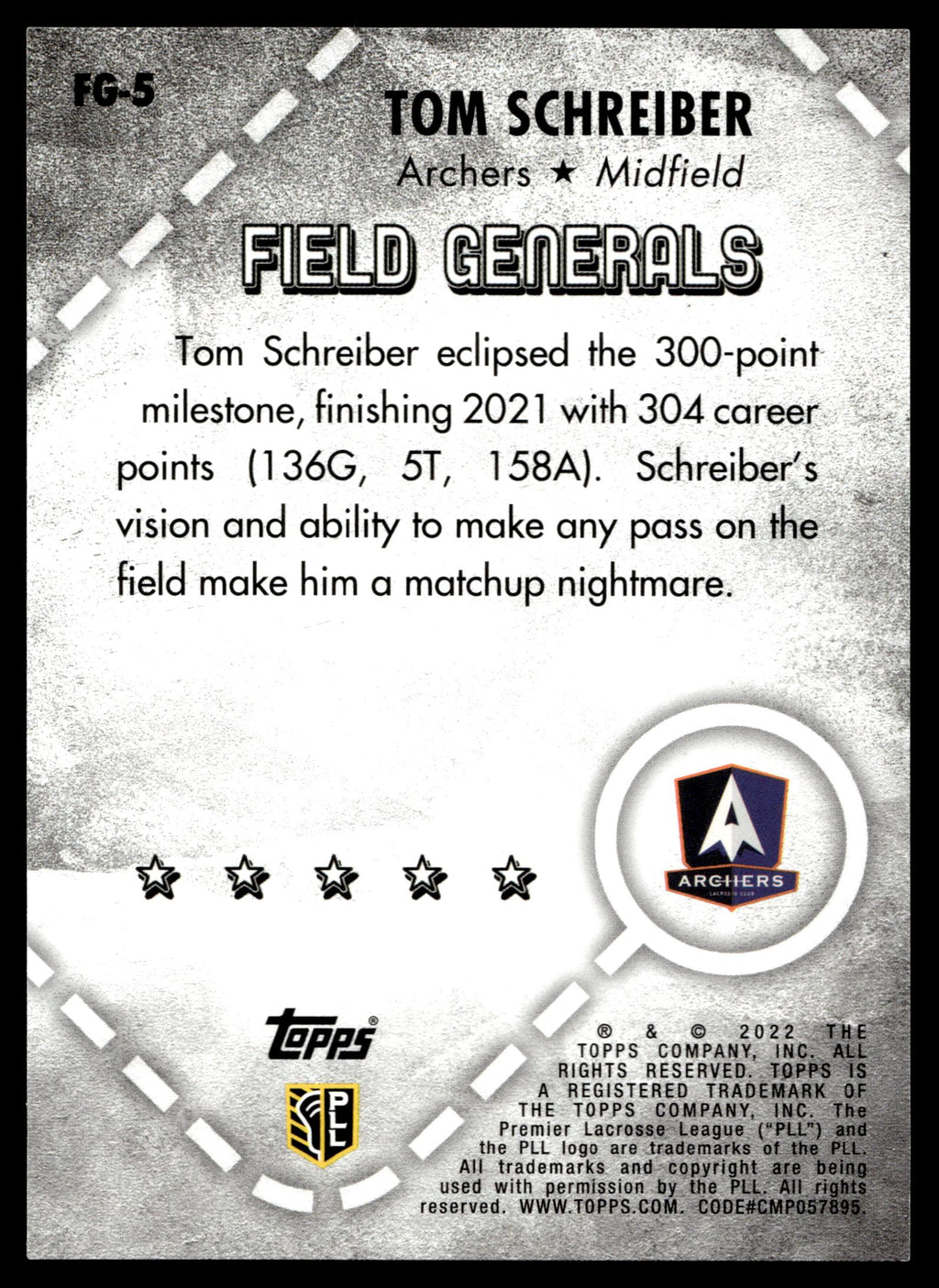 Tom Schreiber 2022 Topps PLL Archers Field Generals #FG-5
