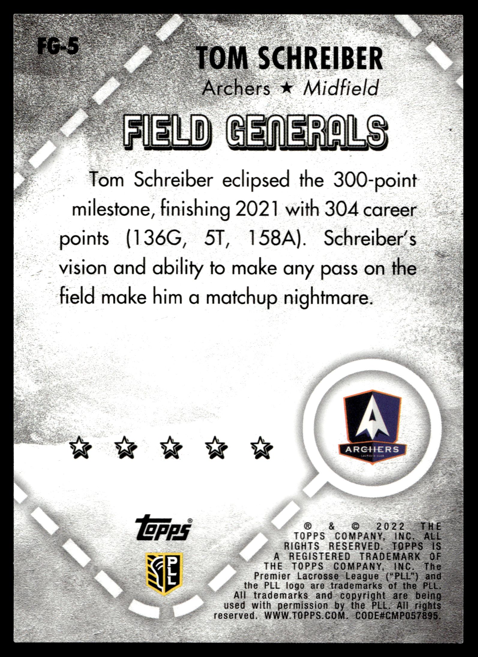 Tom Schreiber 2022 Topps PLL Archers Field Generals #FG-5