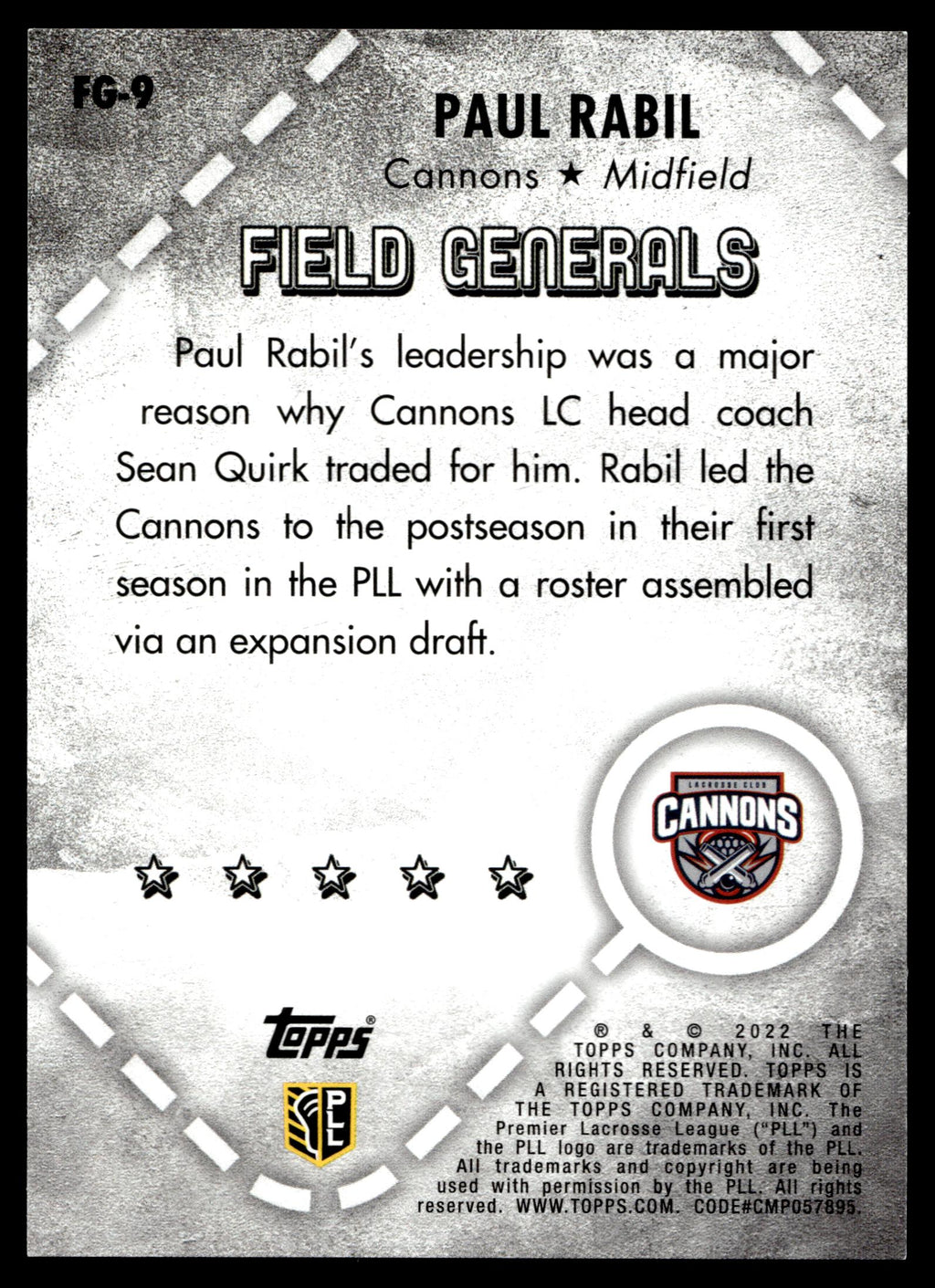 Paul Rabil 2022 Topps PLL Cannons Field Generals #FG-9