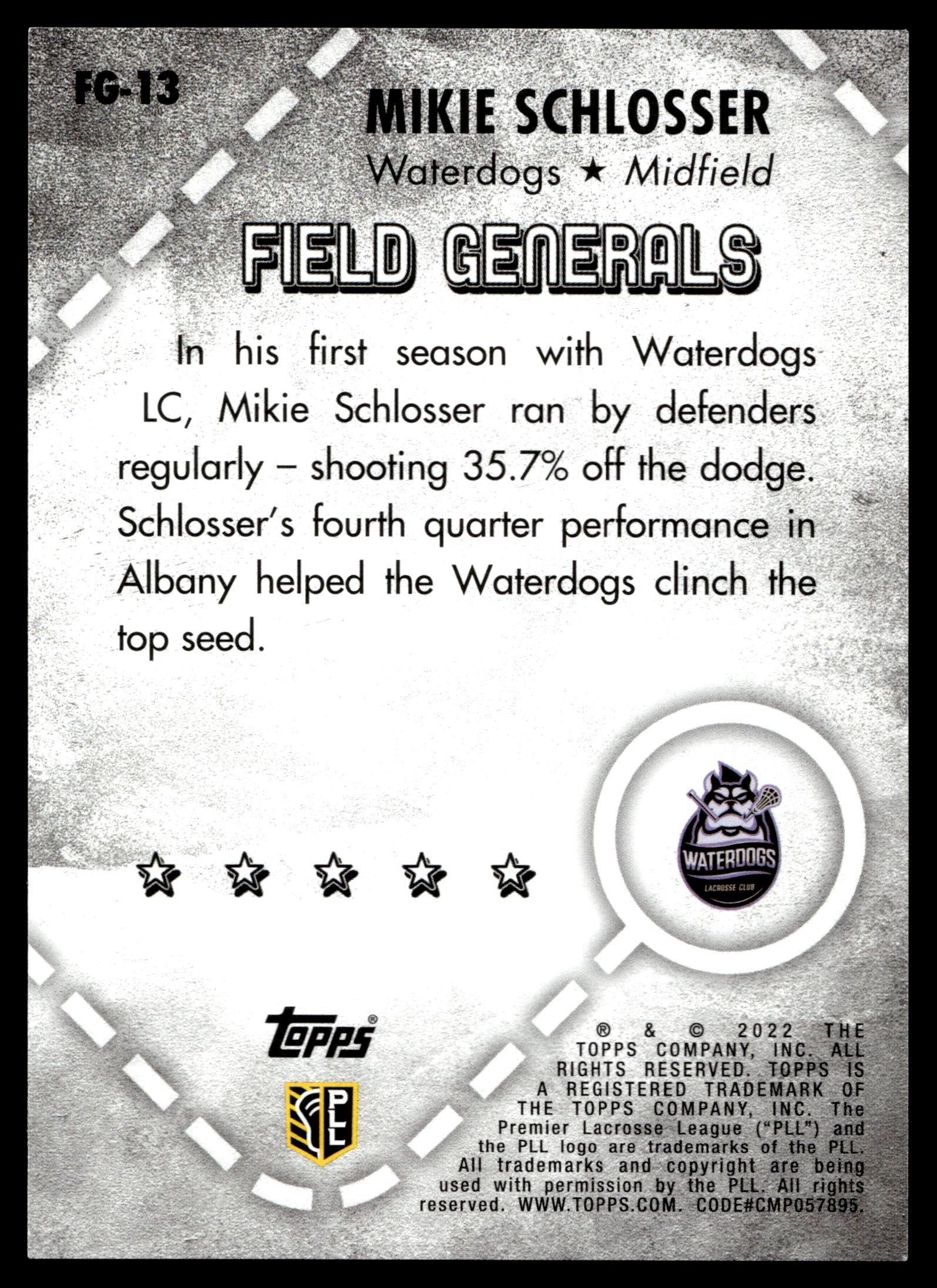Mikie Schlosser 2022 Topps PLL Waterdogs Field Generals #FG-13