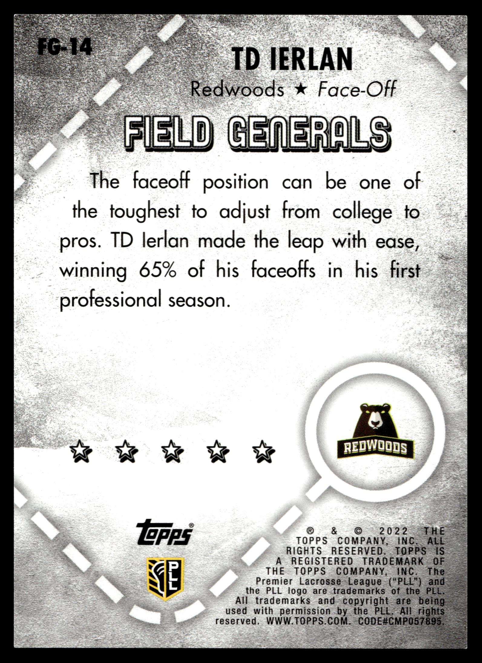 TD Ierlan 2022 Topps PLL Redwoods Field Generals #FG-14