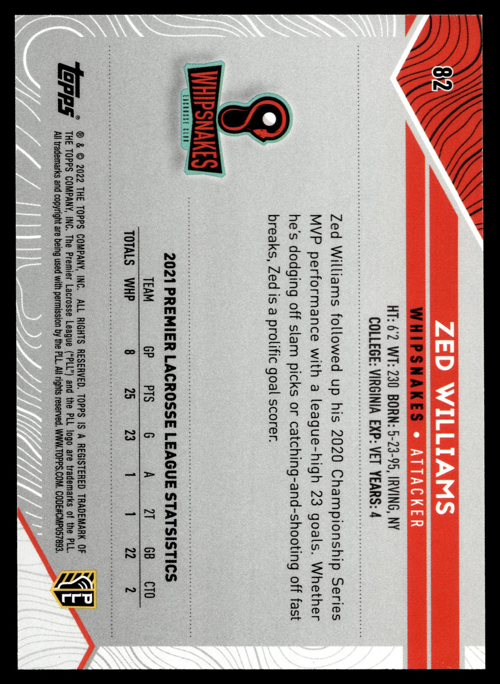 Zed Williams 2022 Topps PLL Whipsnakes Image Variations #82