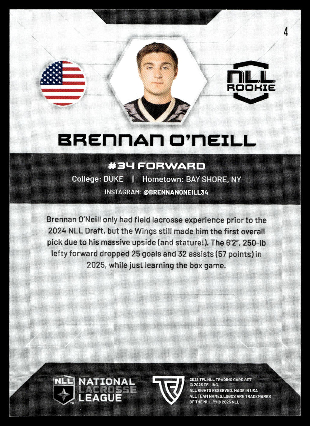 Brennan O'Neill 2025 TFL Sports NLL Philadelphia Wings Color Match #4