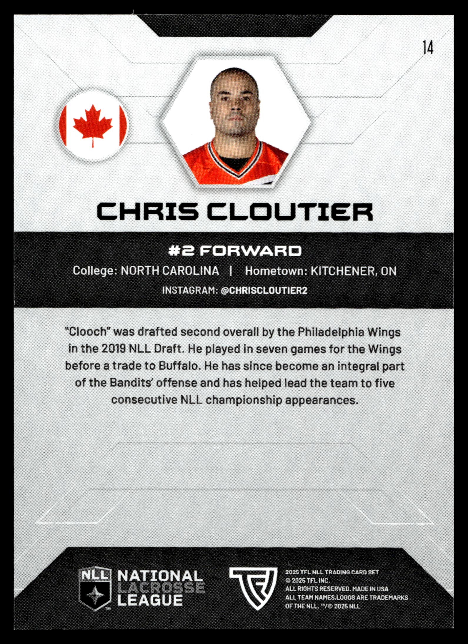 Chris Cloutier 2025 TFL Sports NLL Buffalo Bandits Color Match #14
