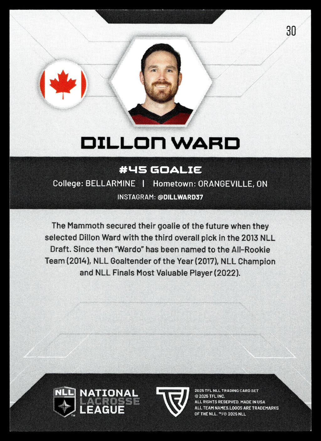 Dillon Ward 2025 TFL Sports NLL Colorado Mammoth Color Match #30