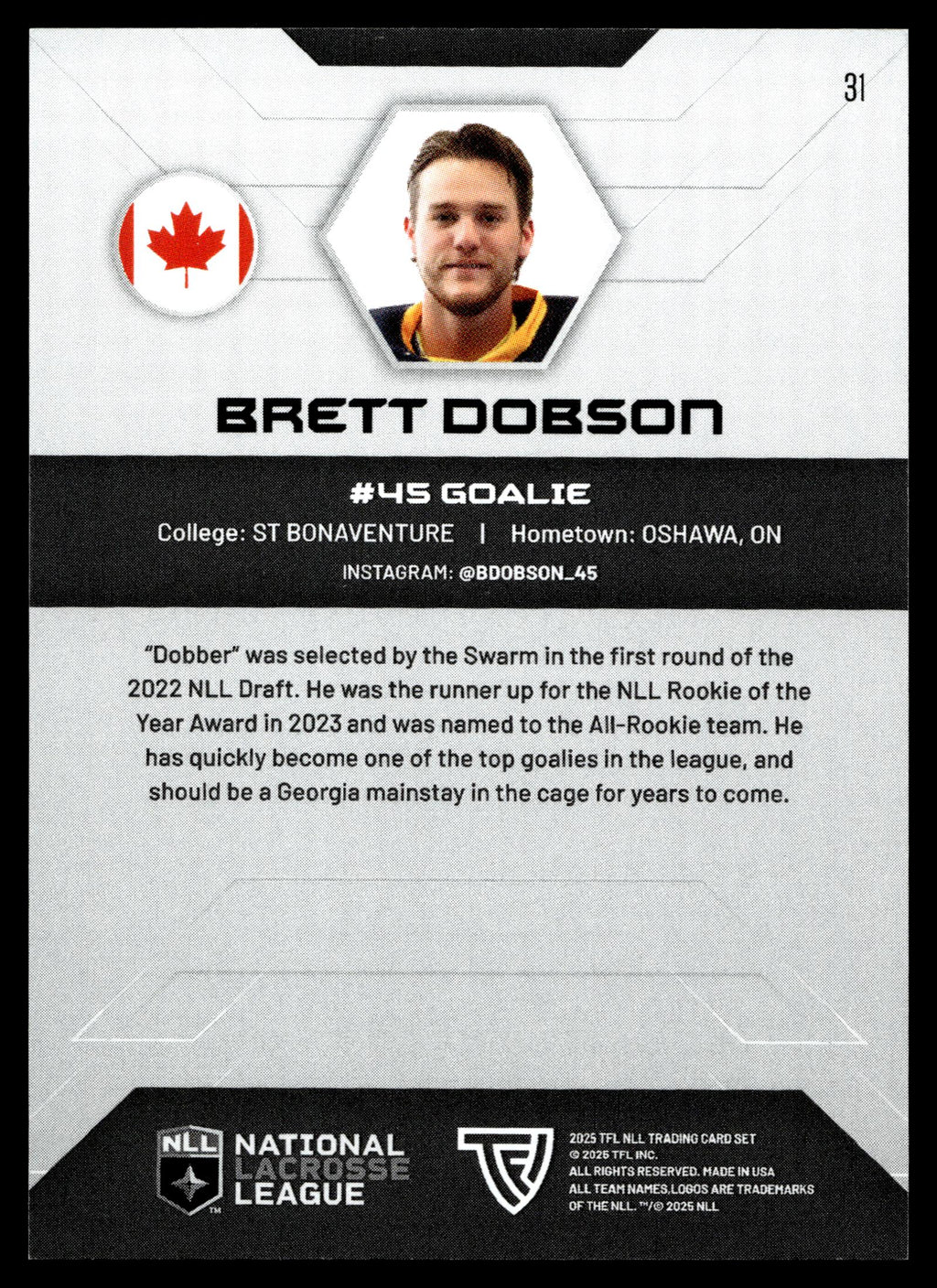 Brett Dobson 2025 TFL Sports NLL Georgia Swarm Color Match #31