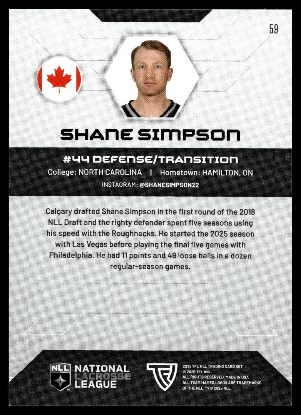 Shane Simpson 2025 TFL Sports NLL Philadelphia Wings Color Match #59