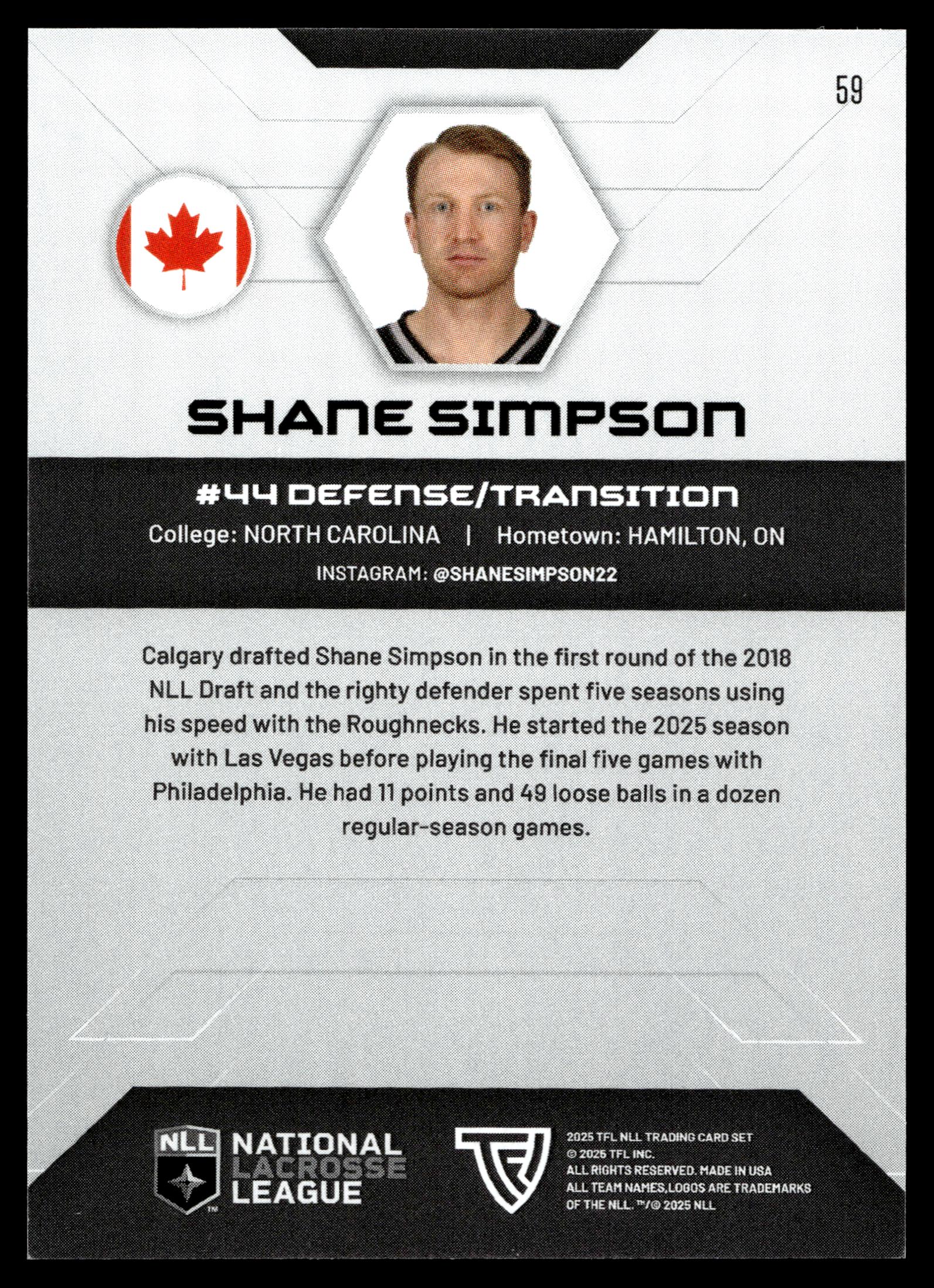 Shane Simpson 2025 TFL Sports NLL Philadelphia Wings Color Match #59