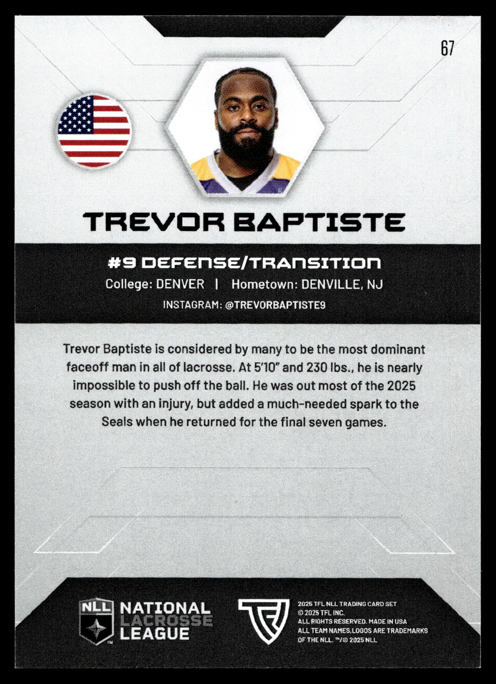 Trevor Baptiste 2025 TFL Sports NLL San Diego Seals Color Match #67