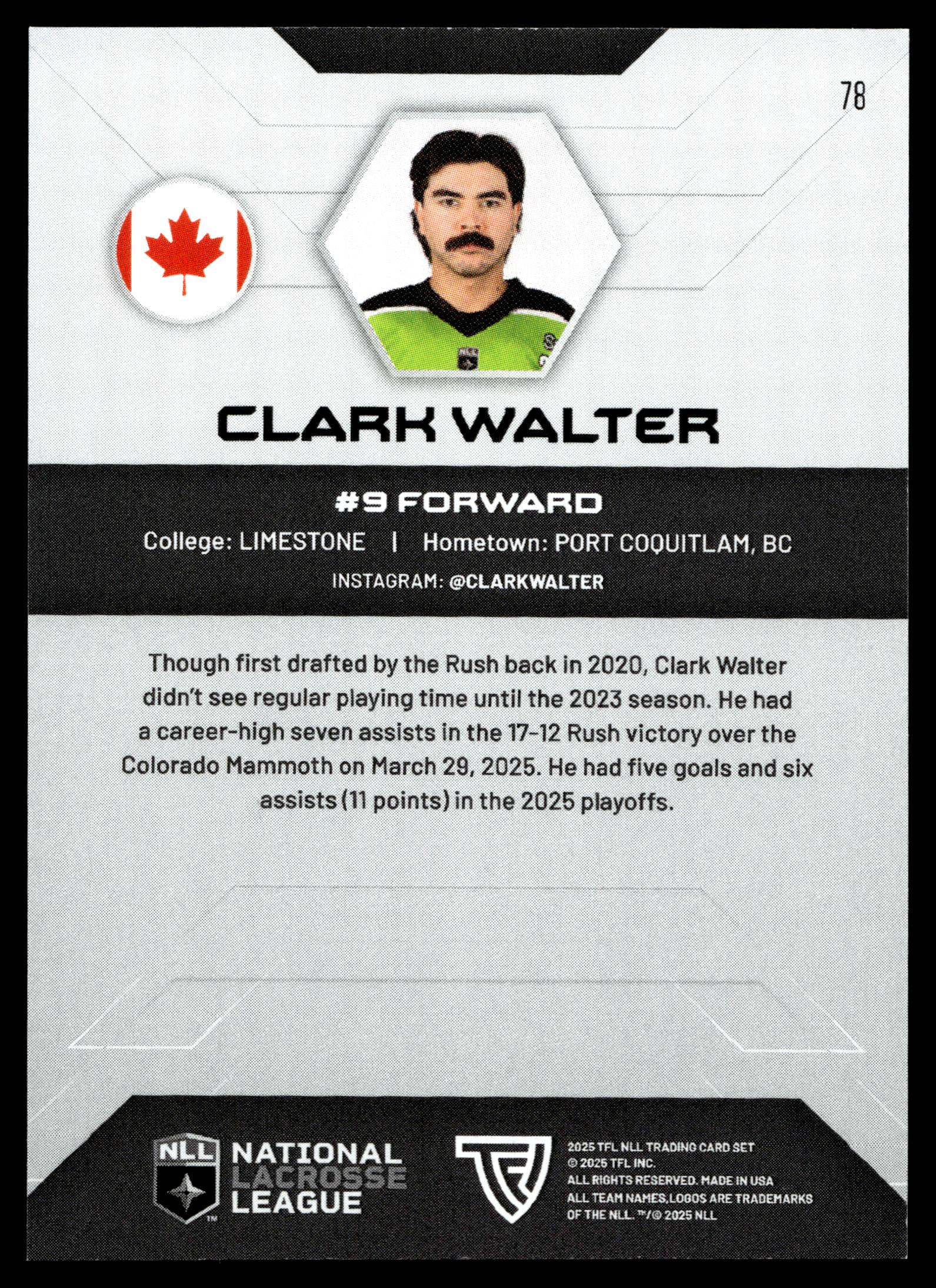 Clark Walter 2025 TFL Sports NLL Sashatchewan Rush Color Match #78