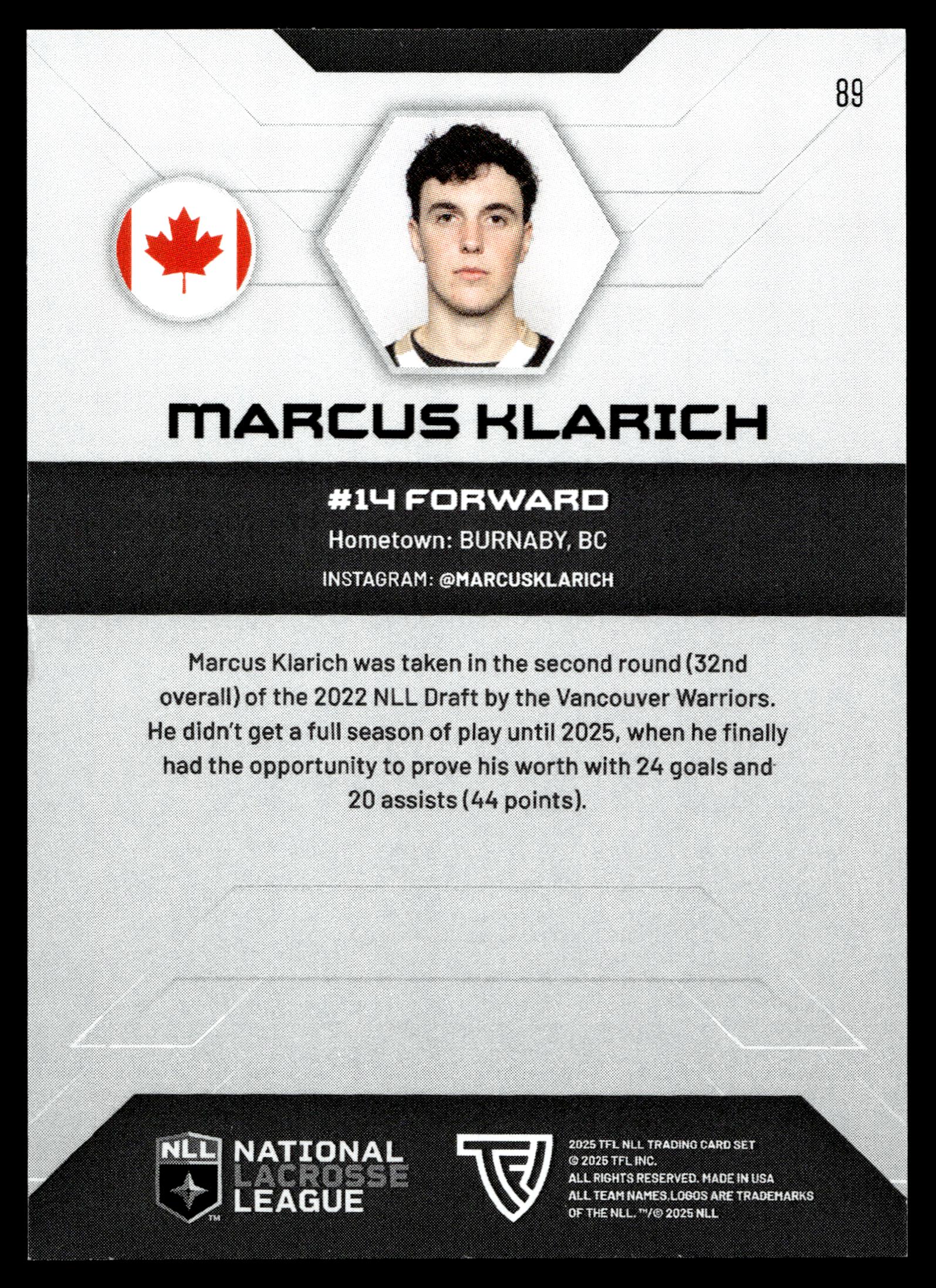 Marcus Klarich 2025 TFL Sports NLL Vancouver Warriors Color Match #89