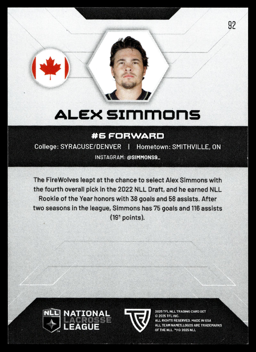Alex Simmons 2025 TFL Sports NLL Albany Firewolves Color Match #92