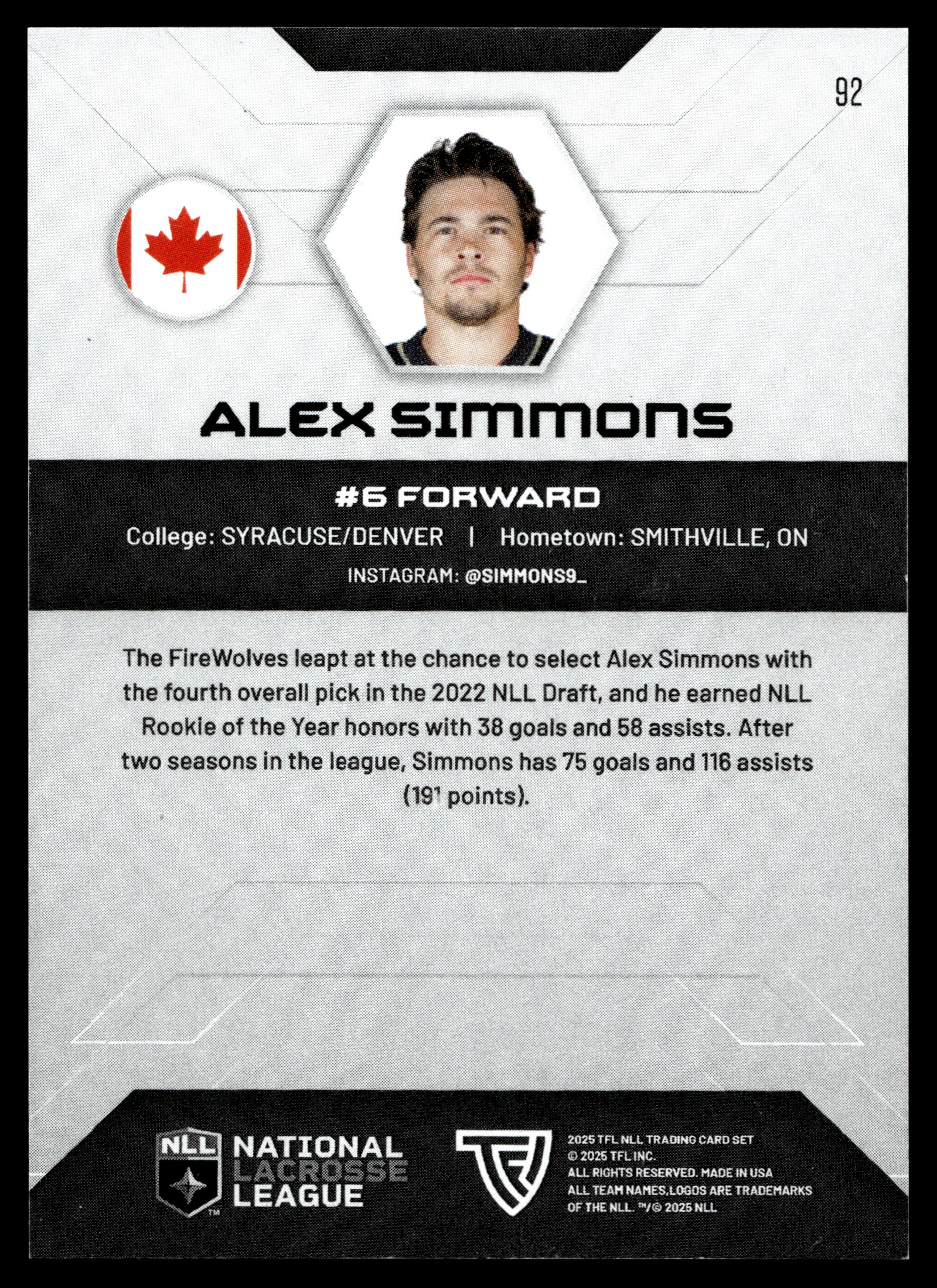Alex Simmons 2025 TFL Sports NLL Albany Firewolves Color Match #92