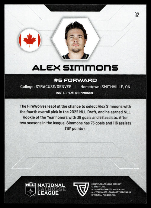 Alex Simmons 2025 TFL Sports NLL Albany Firewolves Color Match #92