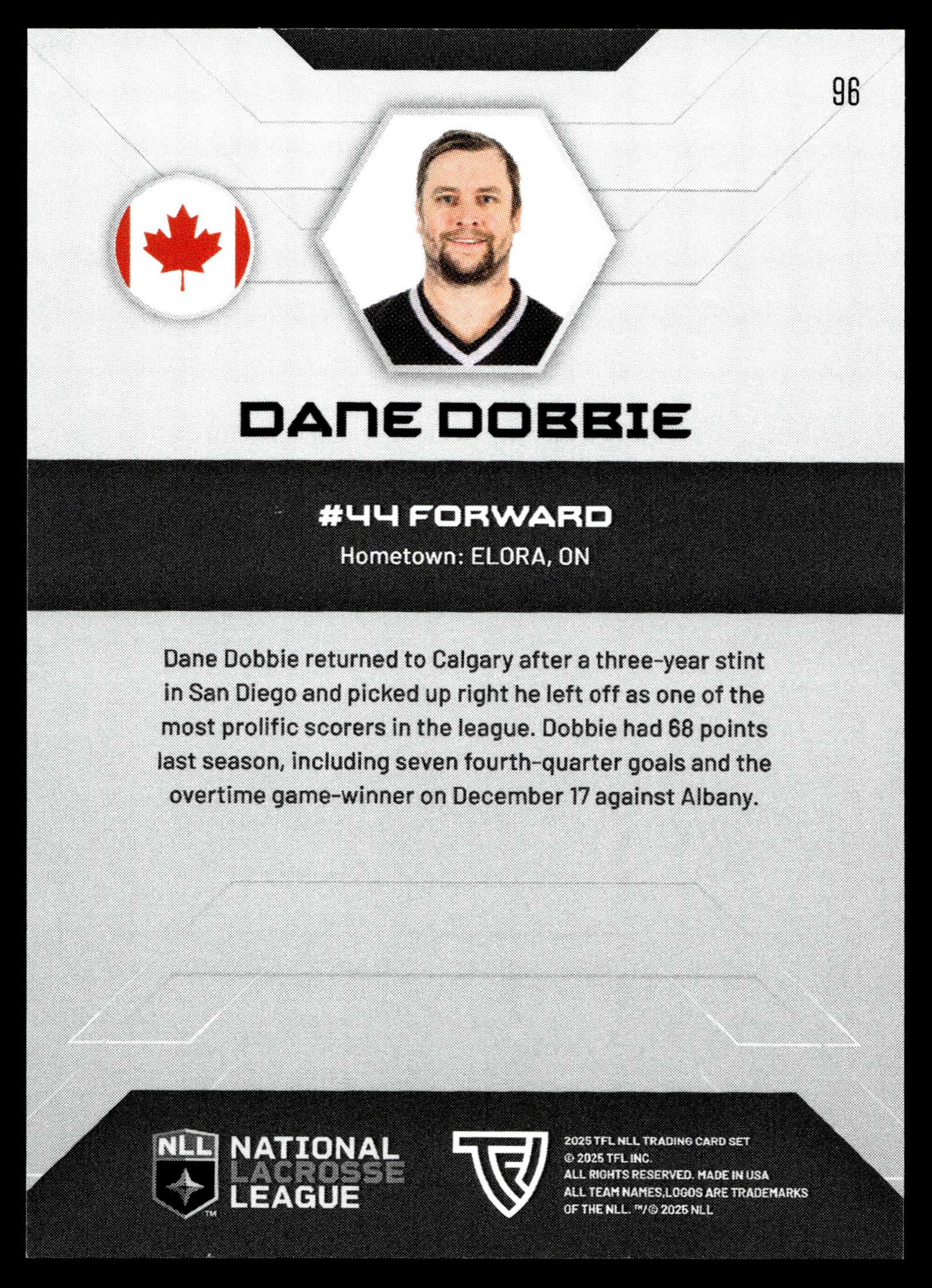 Dane Dobbie 2025 TFL Sports NLL Calgary Roughnecks Color Match #96