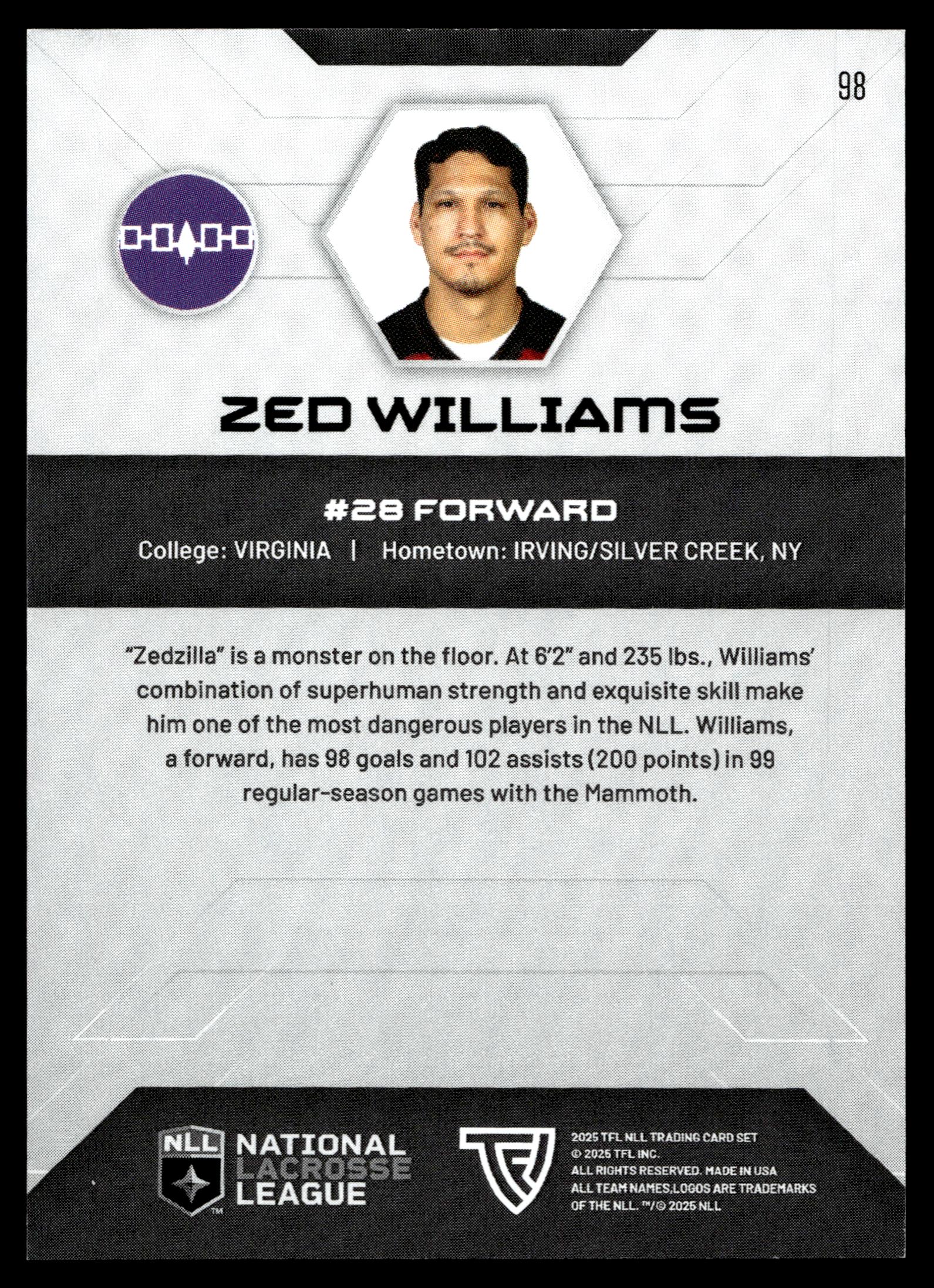 Zed Williams 2025 TFL Sports NLL Colorado Mammoth Color Match #98
