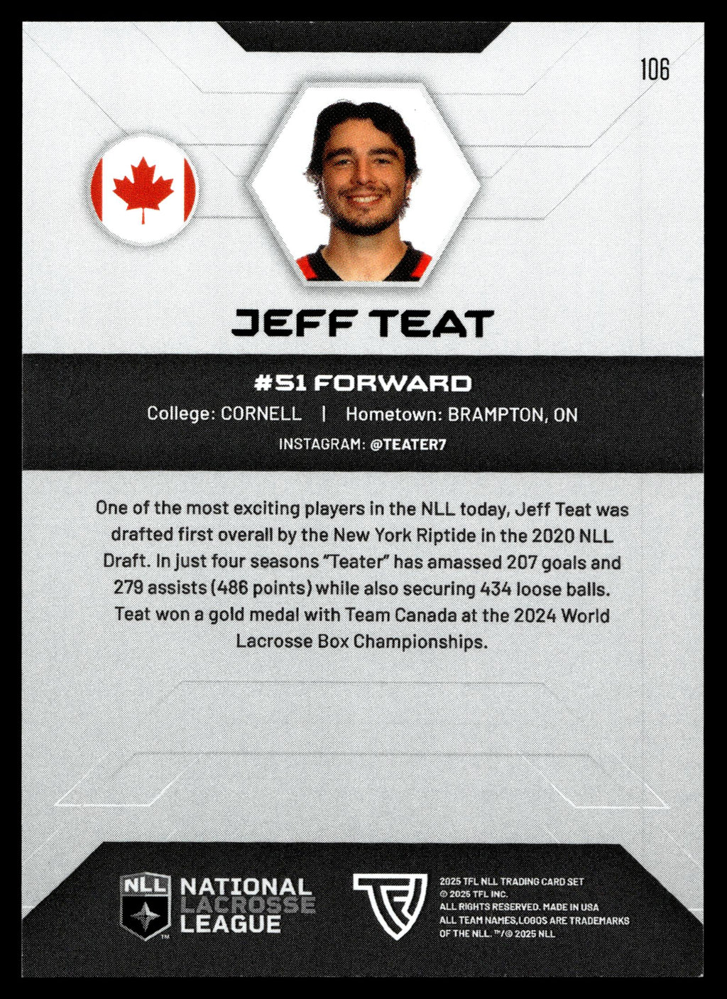 Jeff Teat 2025 TFL Sports NLL Ottawah Black Bears Color Match #106