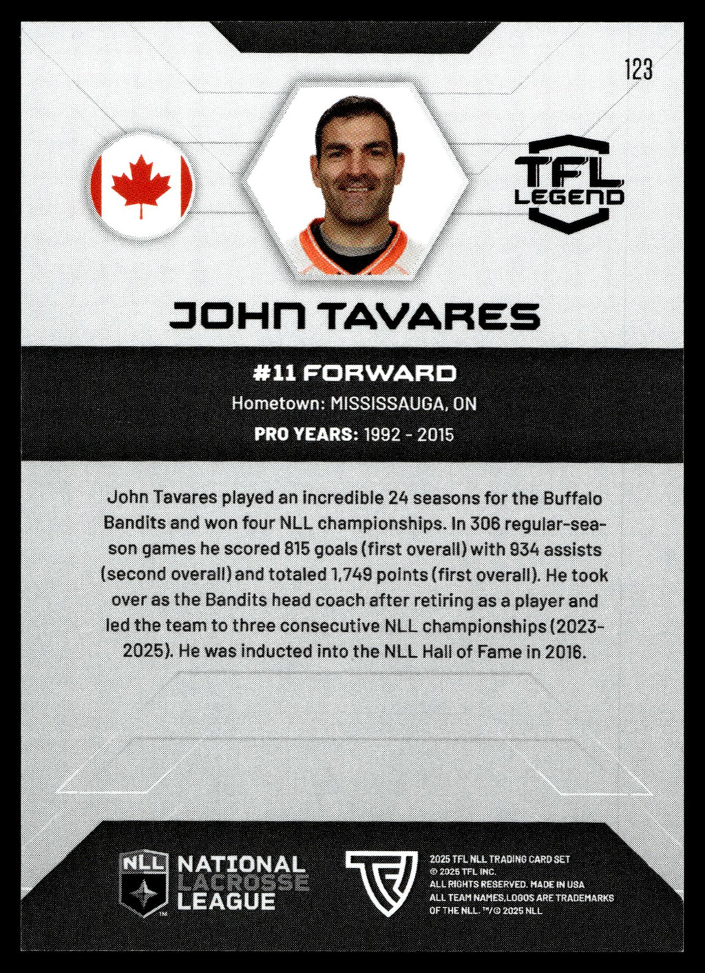John Tavares 2025 TFL Sports NLL Buffalo Bandits Color Match #123