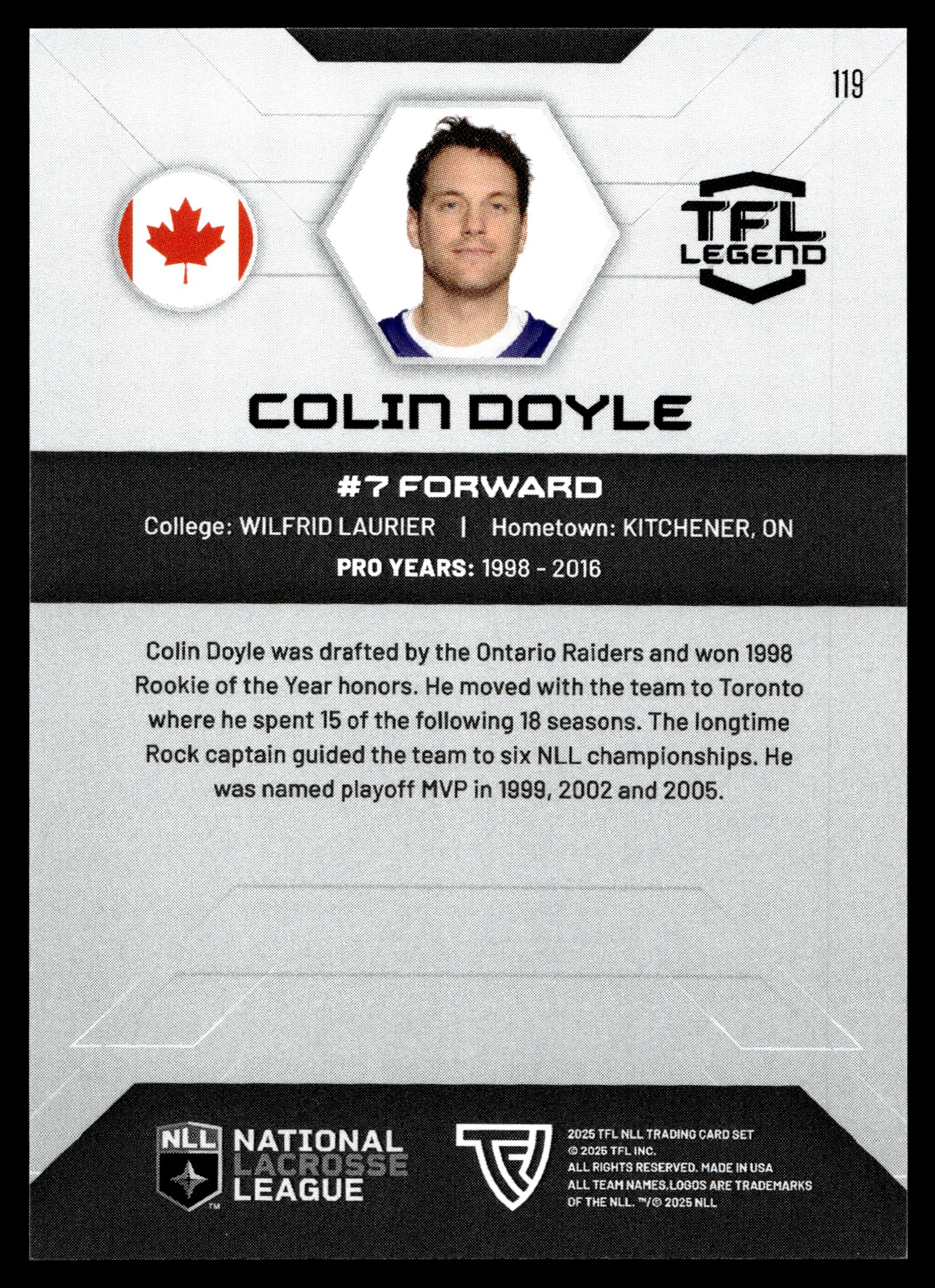 Colin Doyle 2025 TFL Sports NLL Toronto Rock Color Match #119