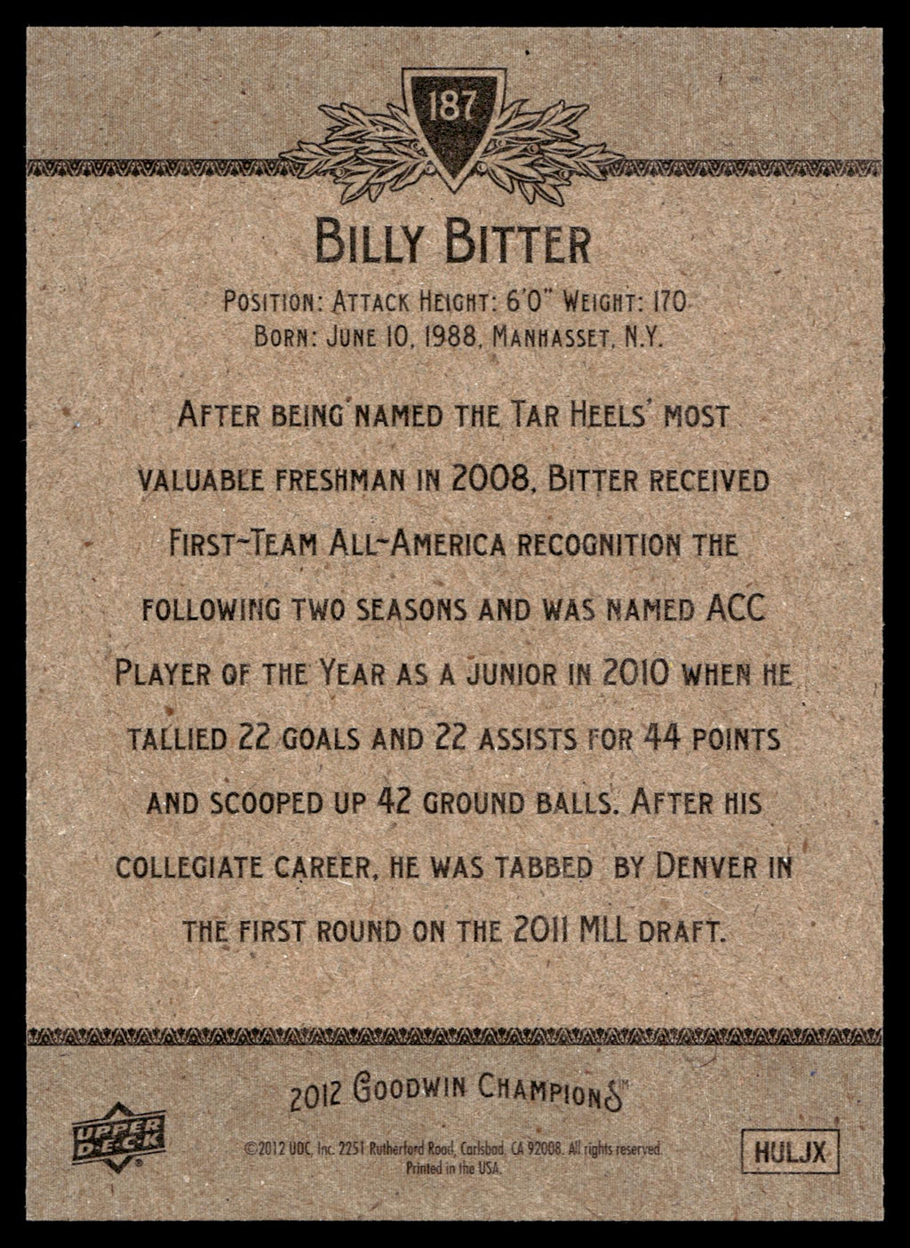 Billy Bitter 2012 Upper Deck Goodwin Champions North Carolina Tar Heels #187