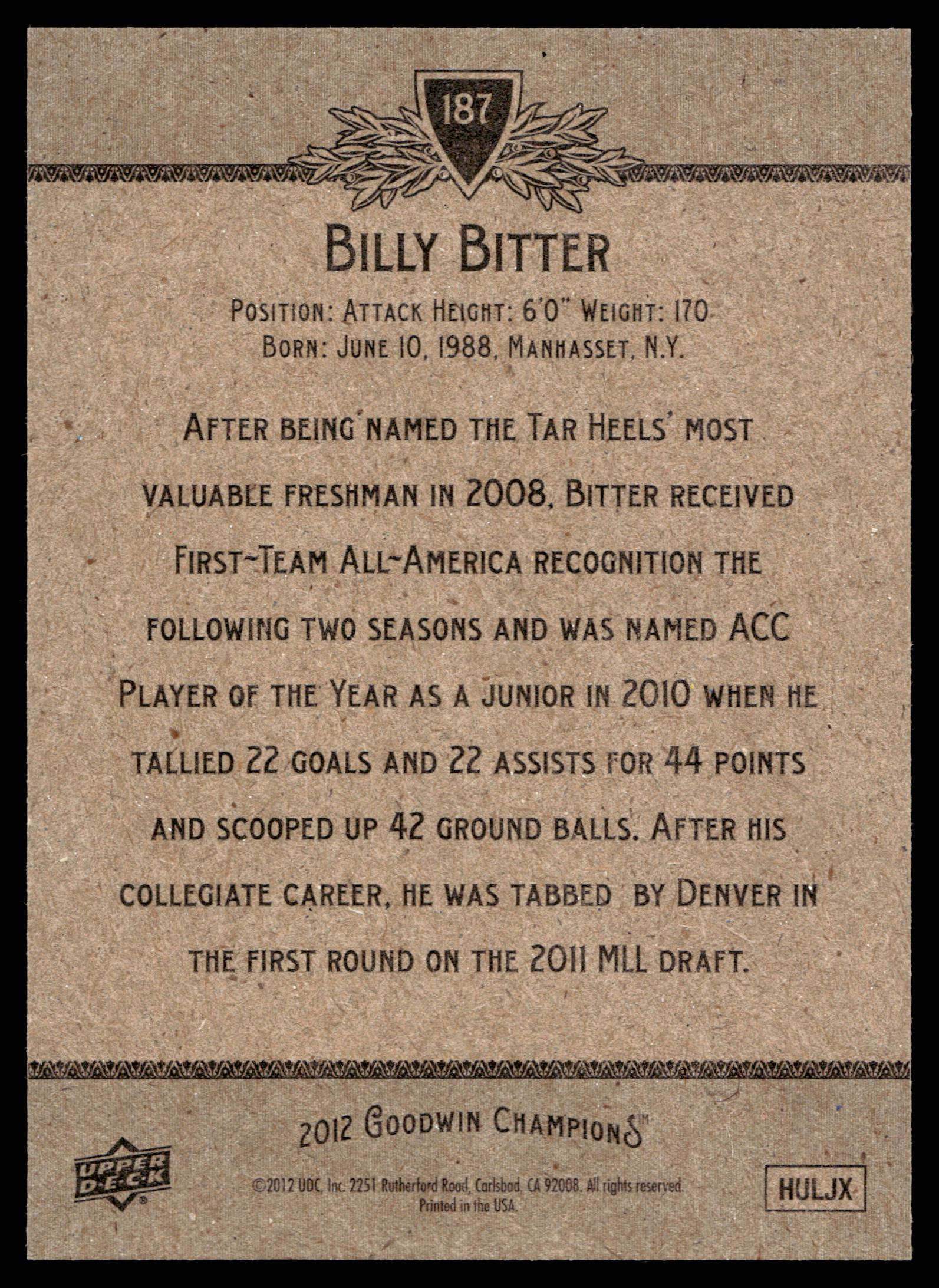 Billy Bitter 2012 Upper Deck Goodwin Champions North Carolina Tar Heels #187
