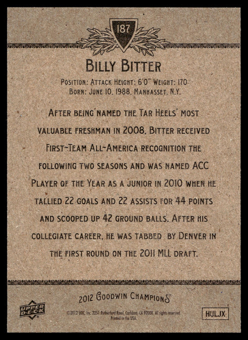 Billy Bitter 2012 Upper Deck Goodwin Champions North Carolina Tar Heels #187