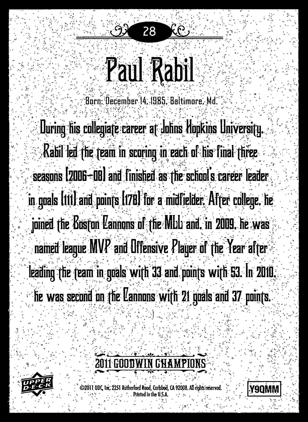 Paul Rabil 2011 Upper Deck Goodwin Champions Hopkins University Blue Jays #28