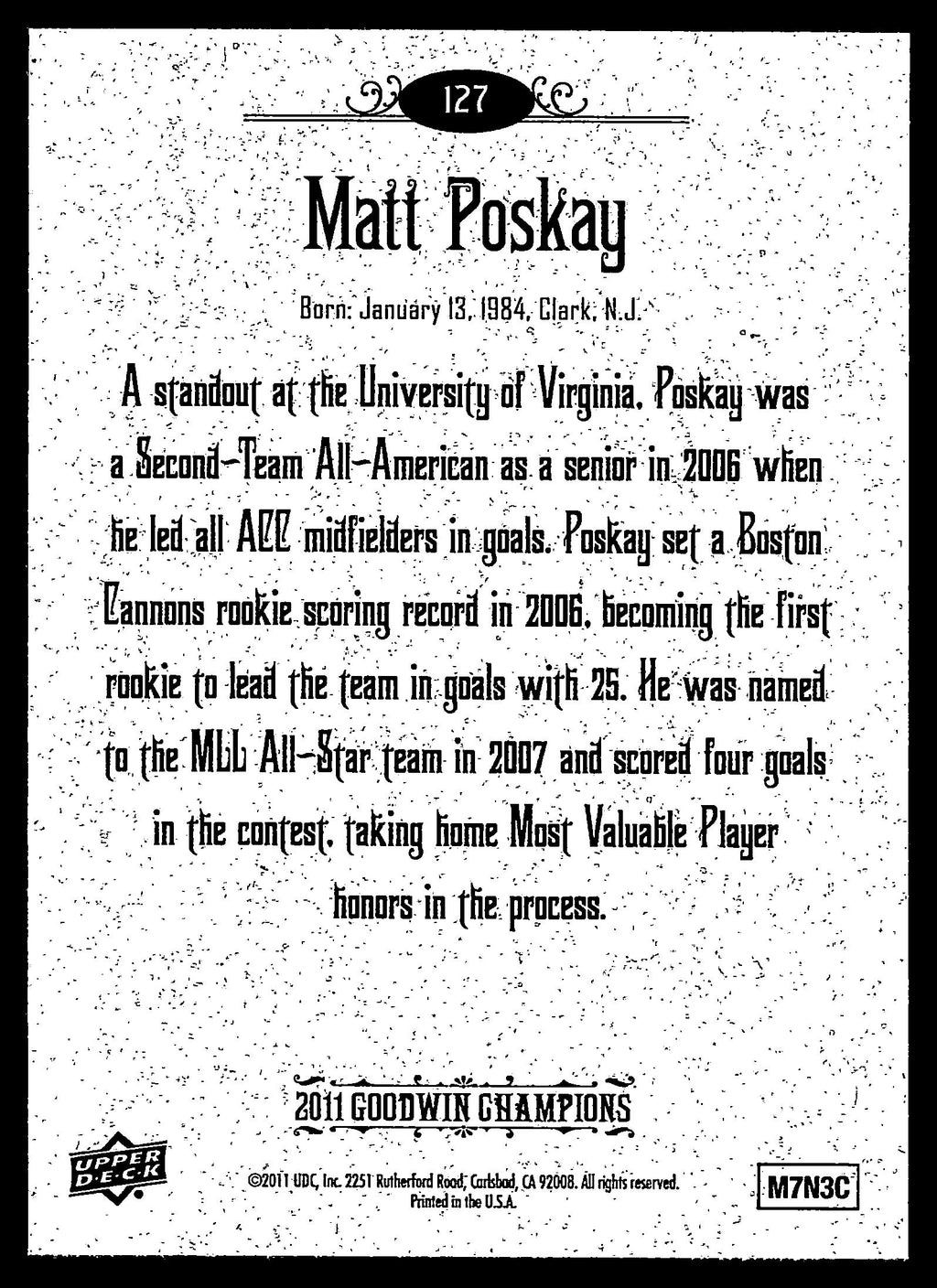 Matt Poskay 2011 Upper Deck Goodwin Champions U of Virginia Cavaliers #127