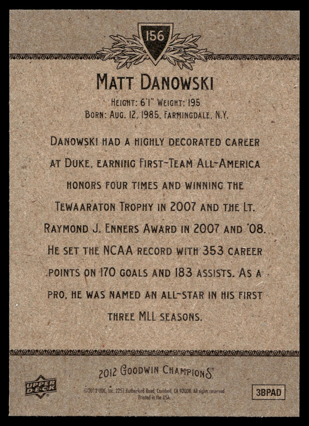 Matt Danowski 2012 Upper Deck Goodwin Champions Duke Blue Devils #156