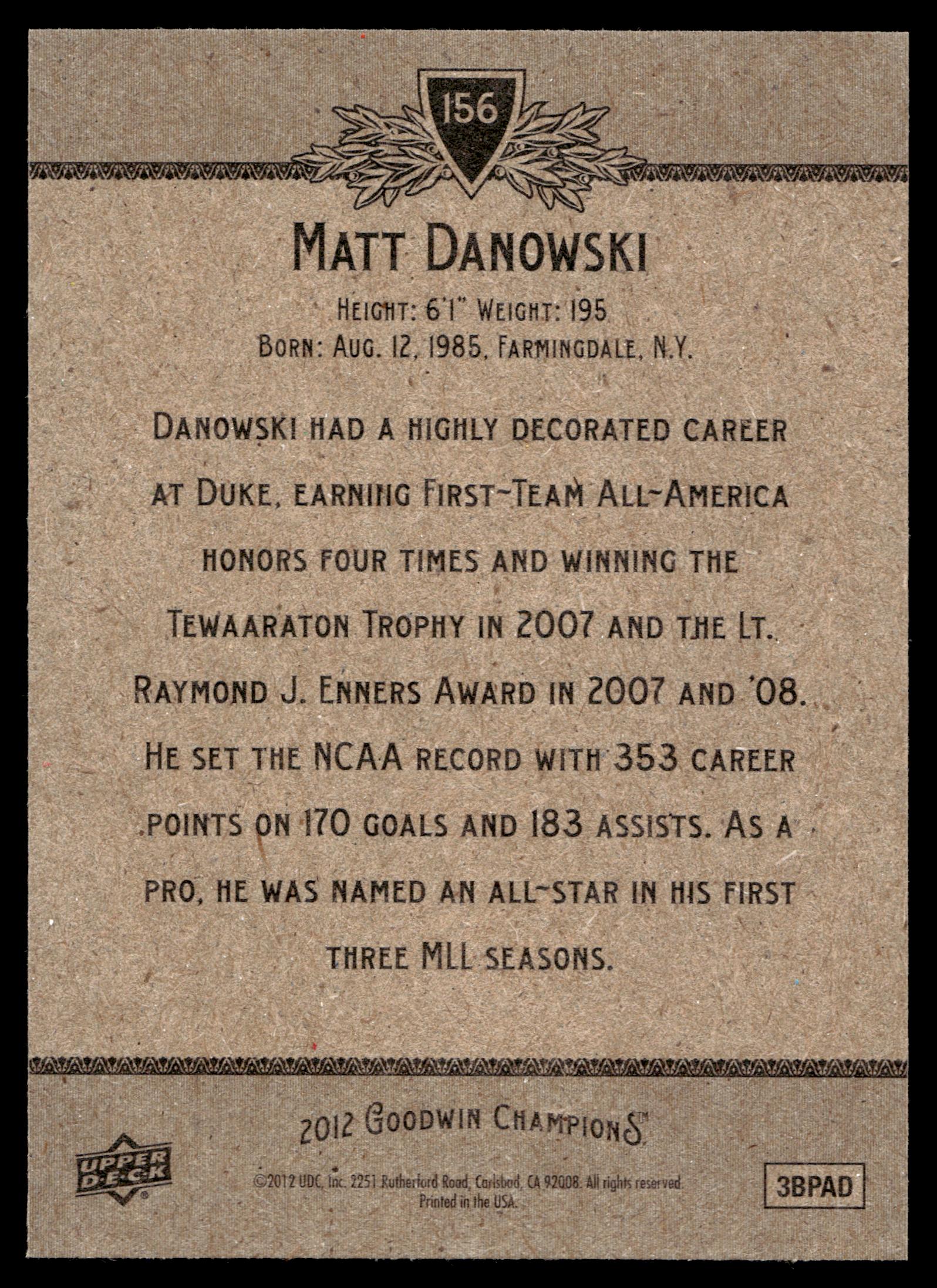 Matt Danowski 2012 Upper Deck Goodwin Champions Duke Blue Devils #156