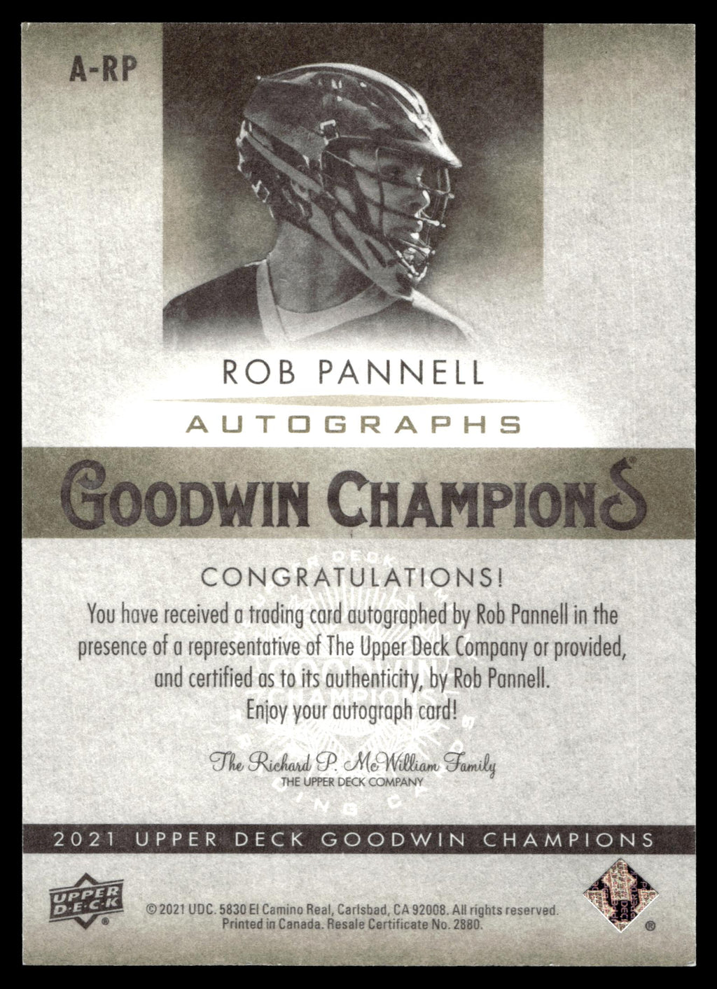 Rob Pannell 2021 Upper Deck Goodwin Champions New York Lizards Autographs #A-RP
