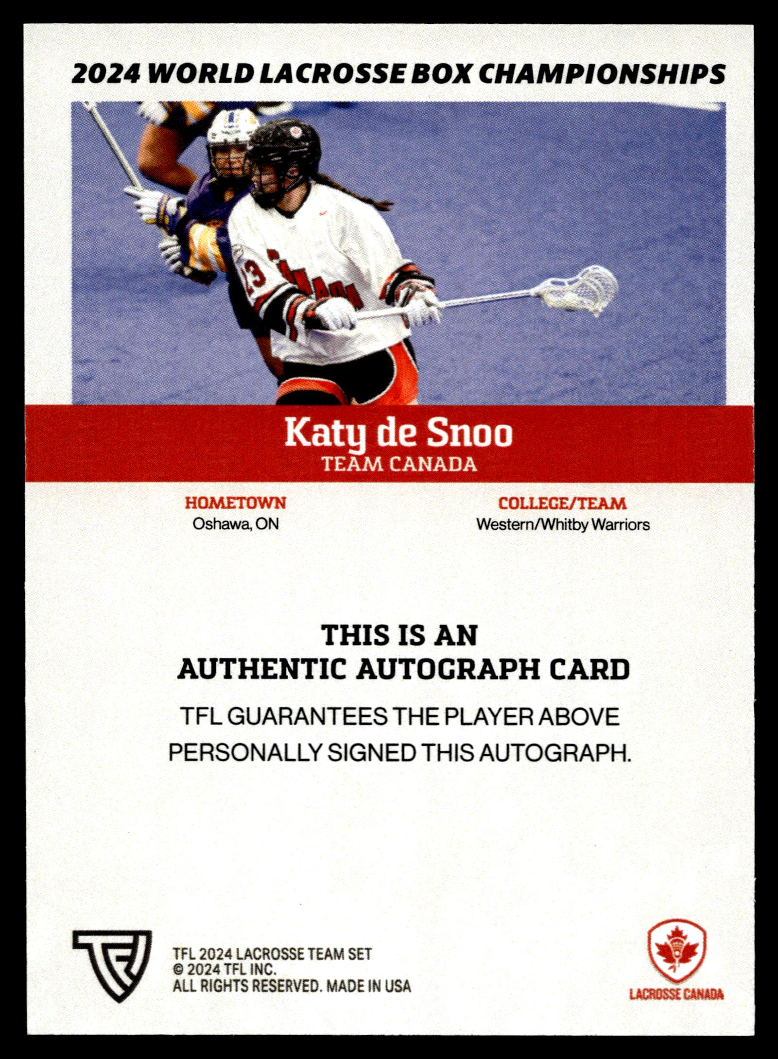 Katy de Snoo 2024 TFL WBLC Team Canada Base Auto