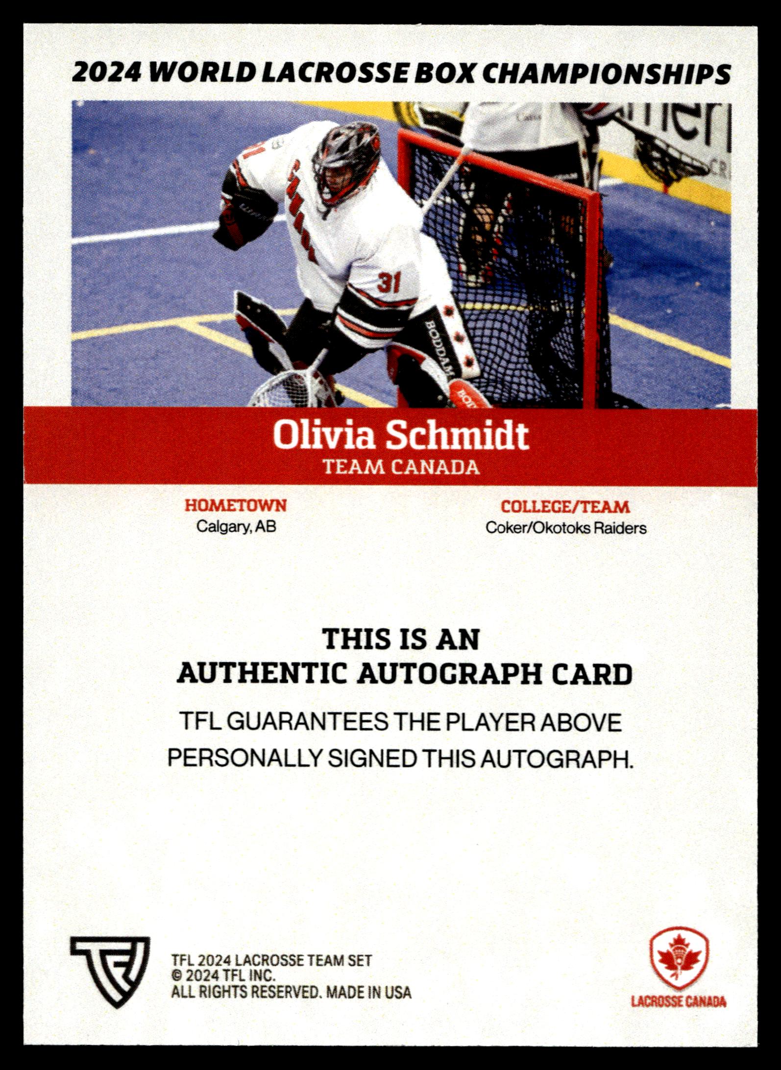 Olivia Schmidt 2024 TFL WBLC Team Canada Base Auto