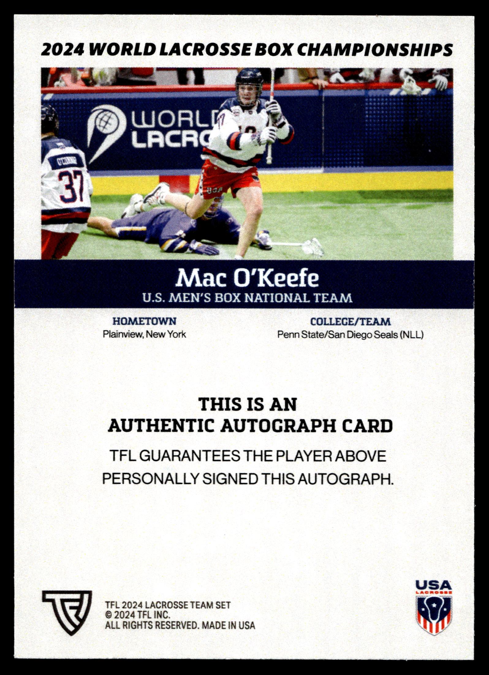 Mac O'Keefe 2024 TFL WBLC Team USA Base Auto