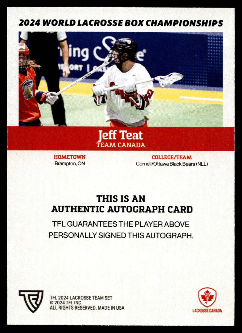 Jeff Teat 2024 TFL WBLC Team Canada Base Auto