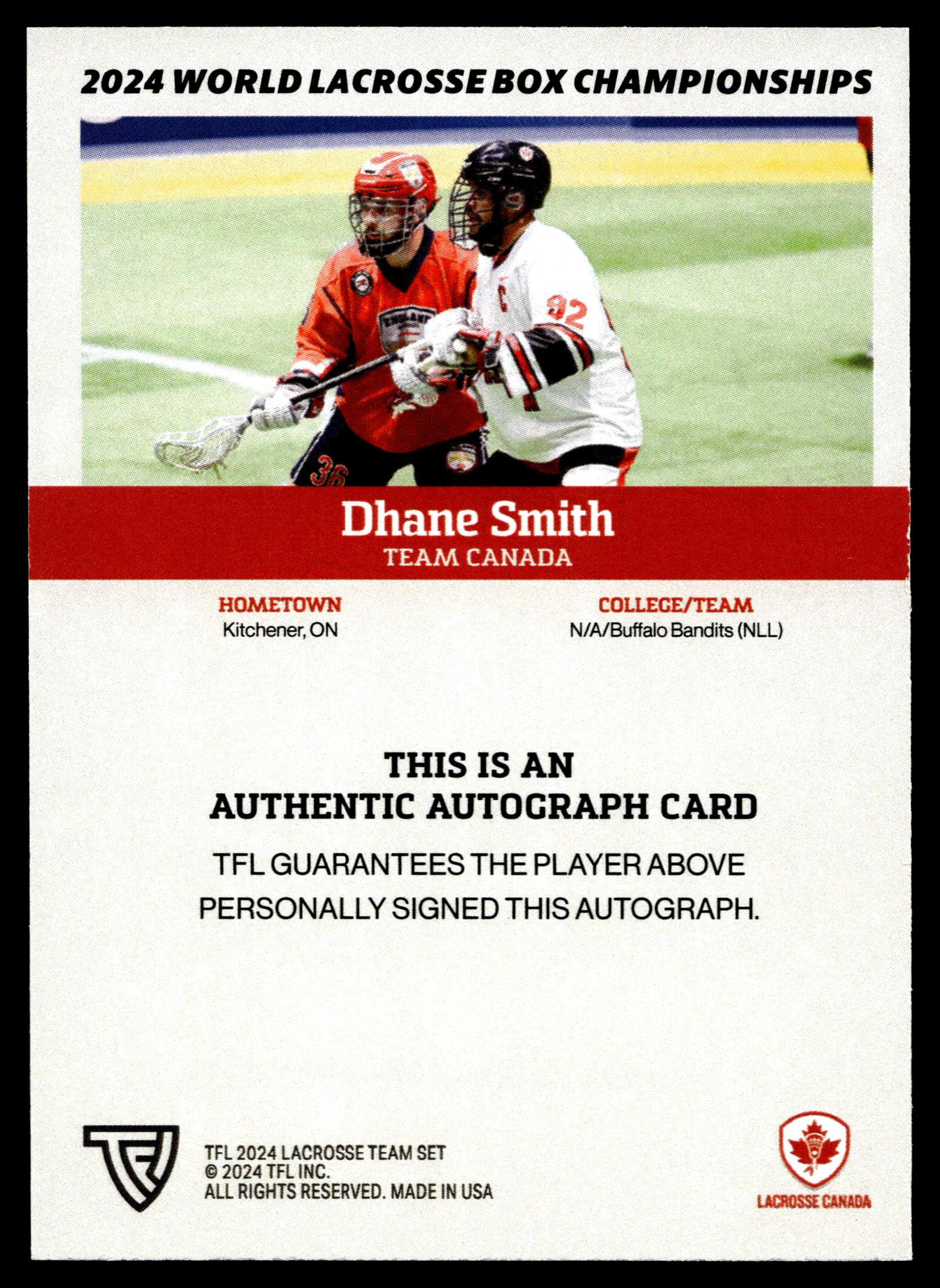 Dhane Smith 2024 TFL WBLC Team Canada Base Auto