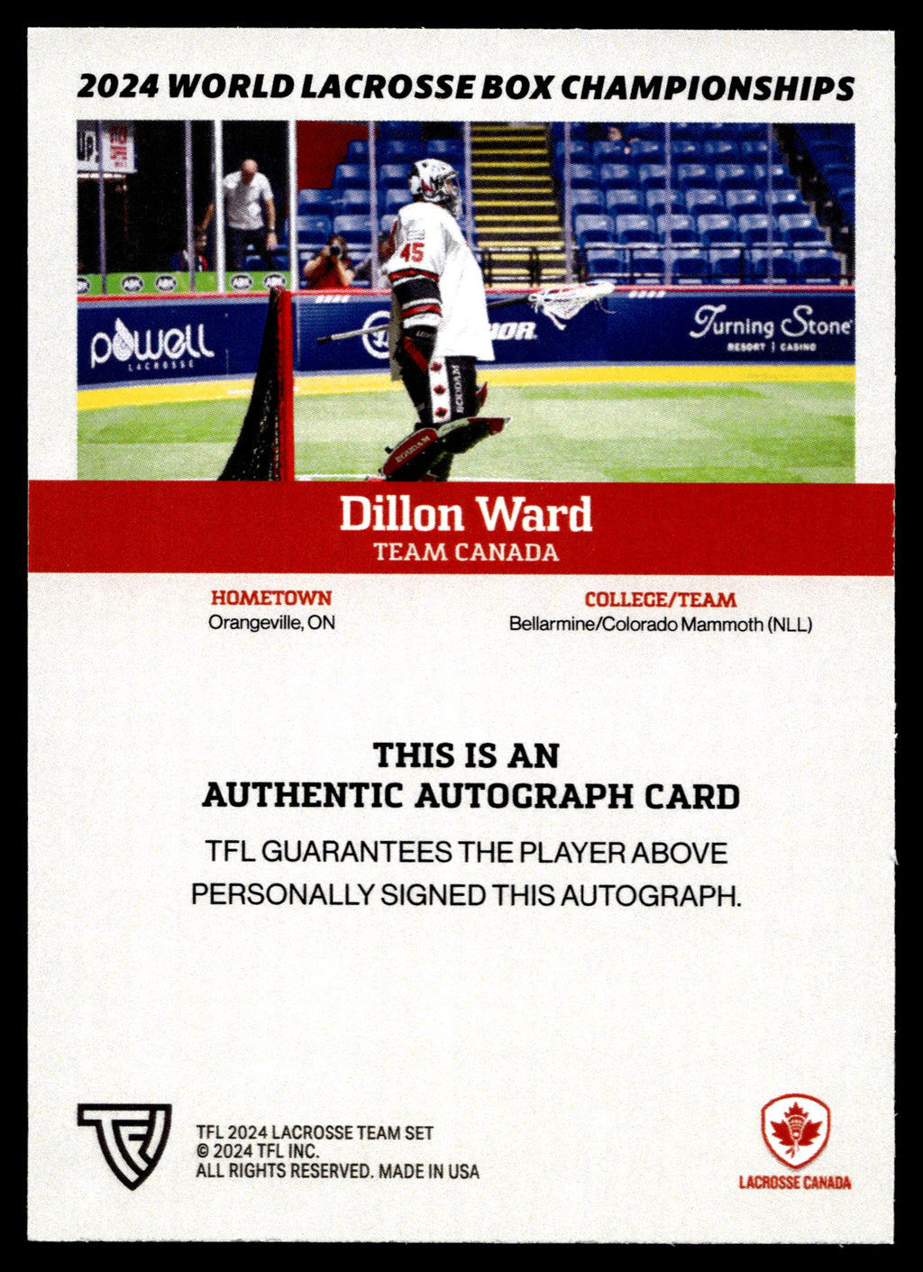 Dillon Ward 2024 TFL WBLC Team Canada Base Auto