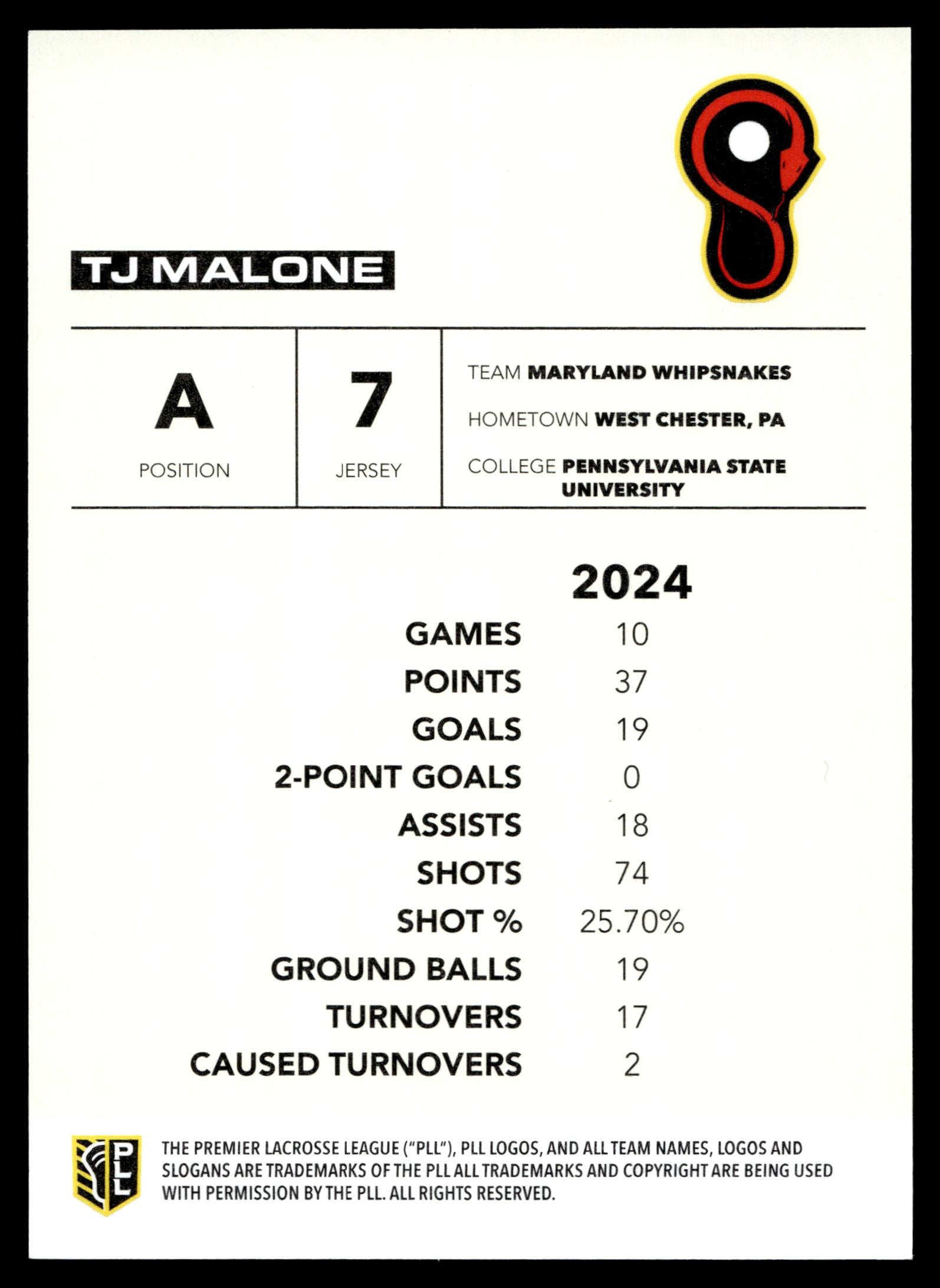 TJ Malone 2025 PLL Flagship Maryland Whipsnakes Base Auto #38
