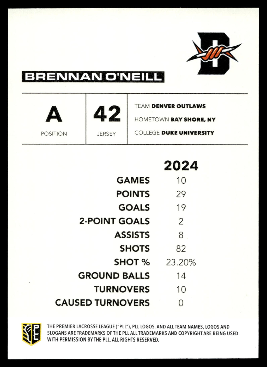 Brennan O'Neill 2025 PLL Flagship Denver Outlaws Base Auto #32